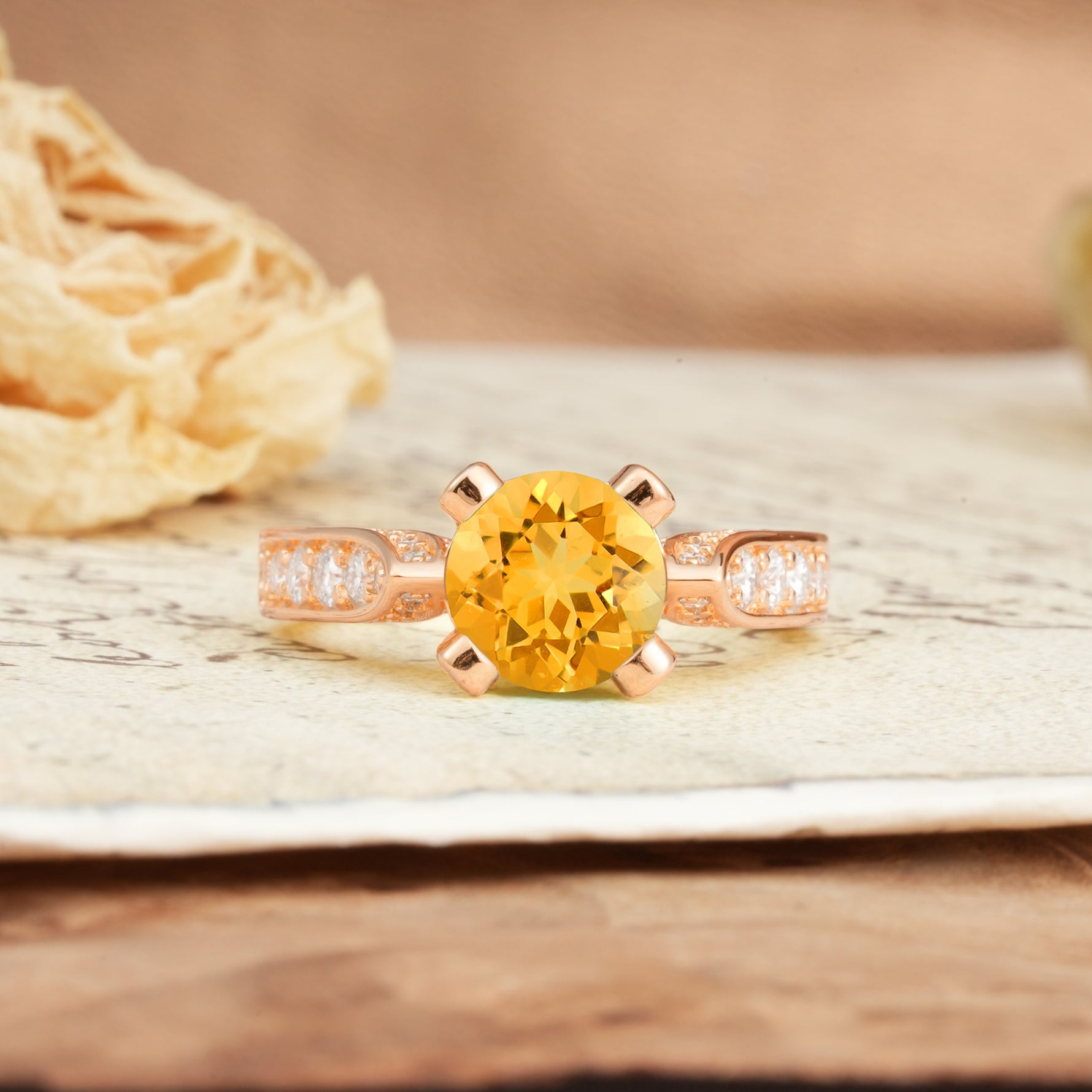 Classic Vintage 4-Prong Round Cut Citrine Engagement Ring - Additional view
