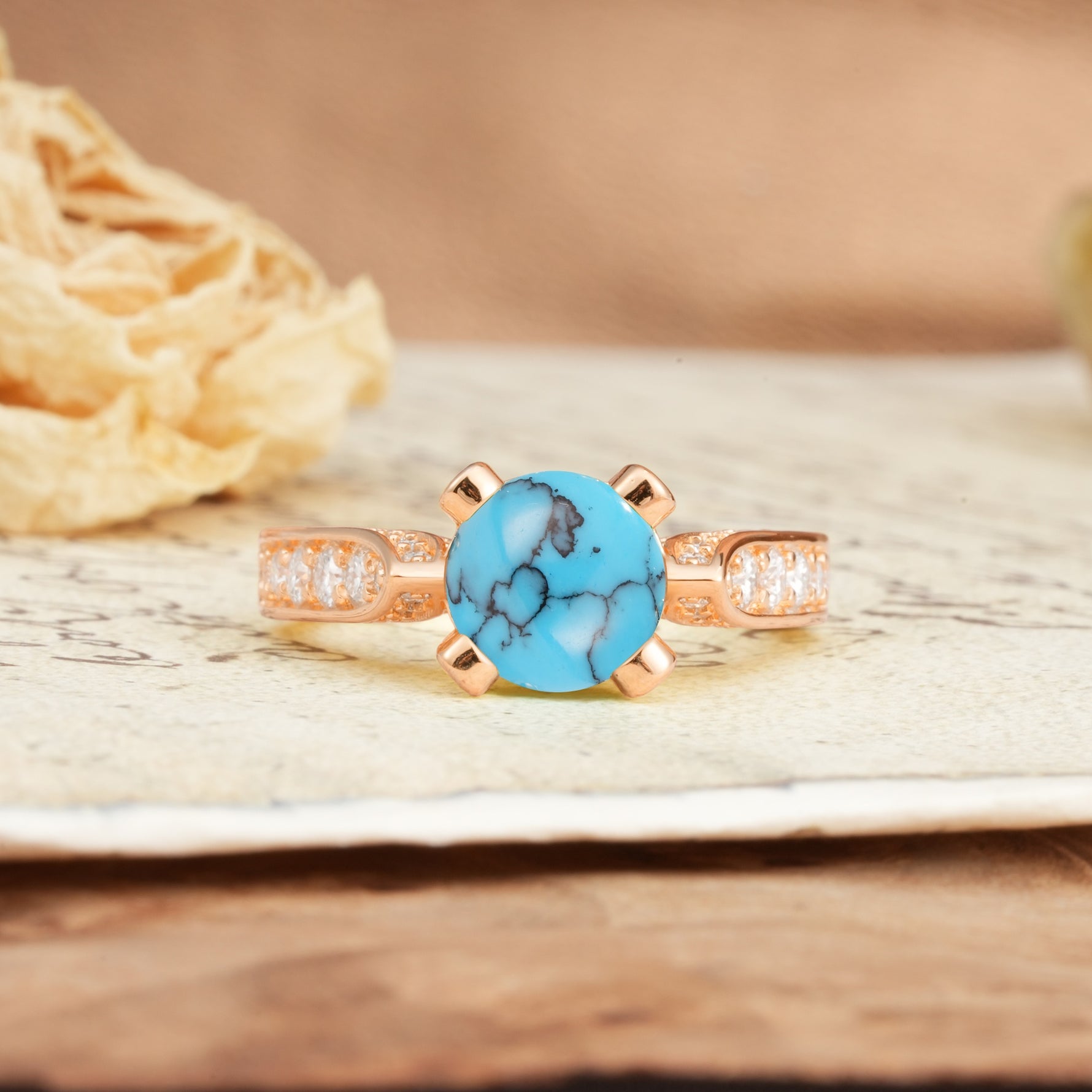 Classic Vintage 4-Prong Round Cut Turquoise Engagement Ring - Additional view