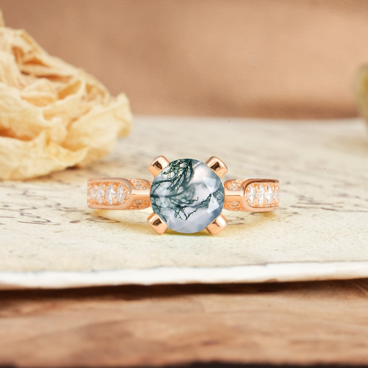 Classic Vintage 4-Prong Round Cut Moss Agate Engagement Ring - Additional view
