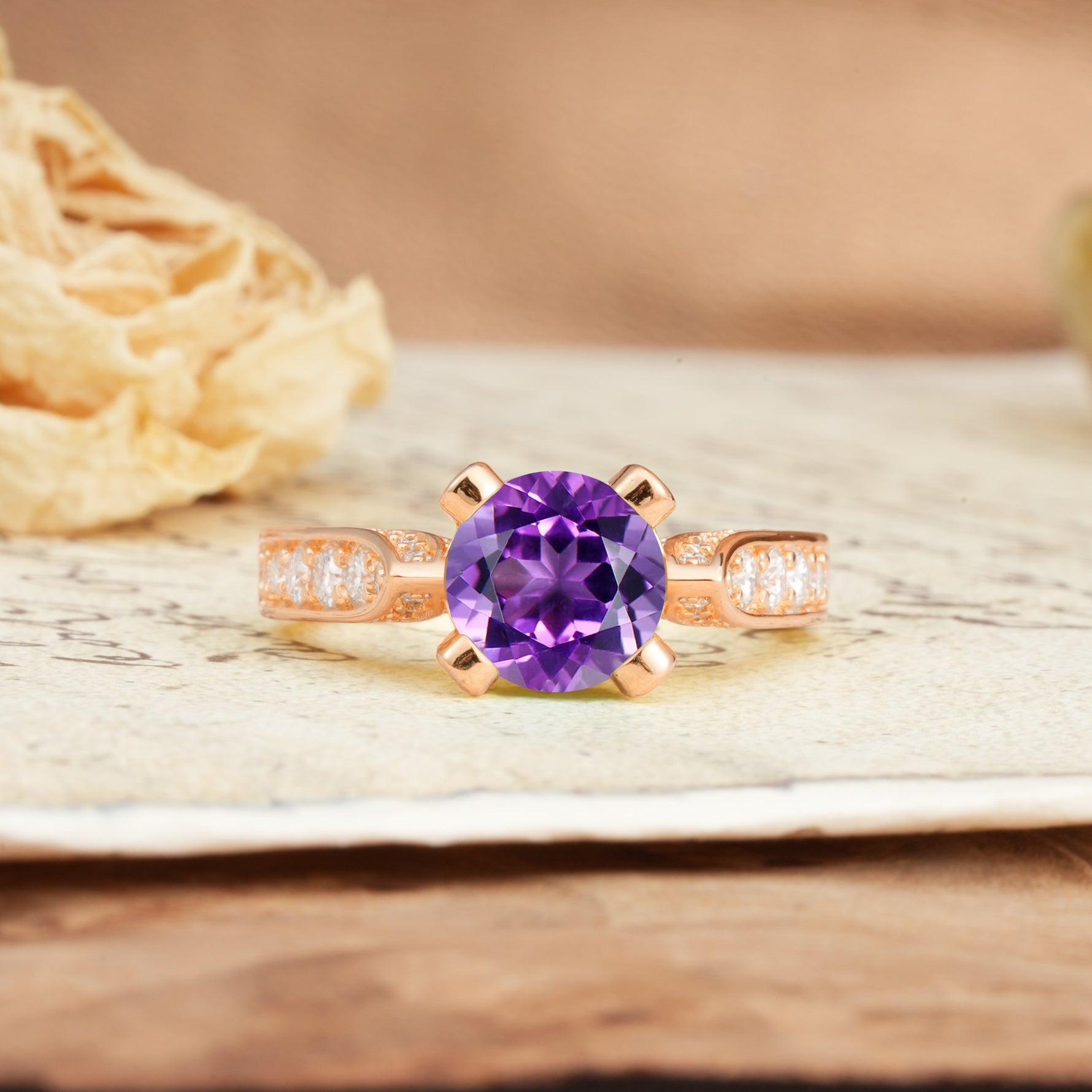 Classic Vintage 4-Prong Round Cut Amethyst Engagement Ring - Additional view