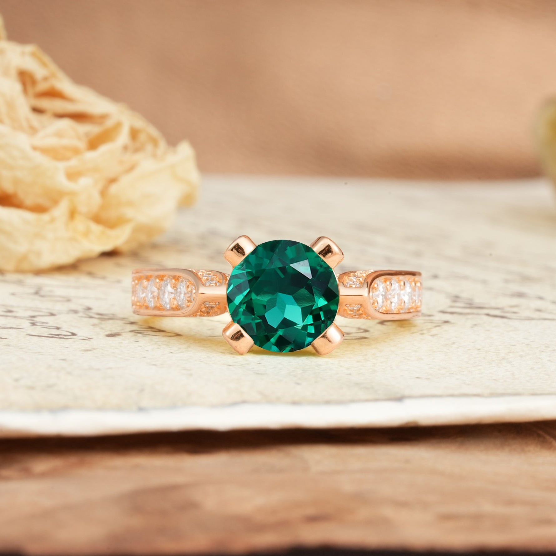 Classic Vintage 4-Prong Round Cut Emerald Engagement Ring - Additional view