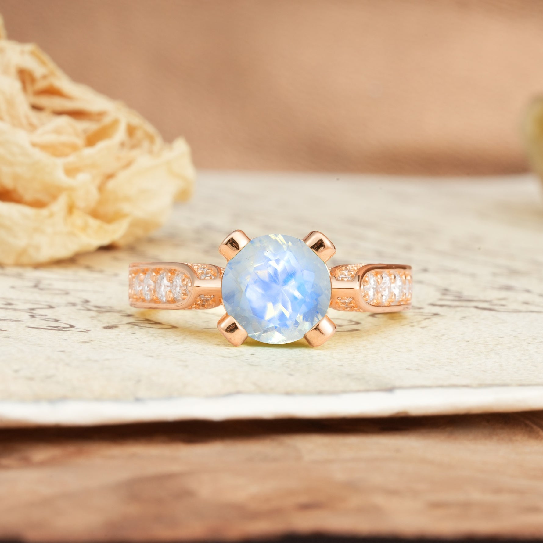 Classic Vintage 4-Prong Round Cut Moonstone Engagement Ring - Additional view