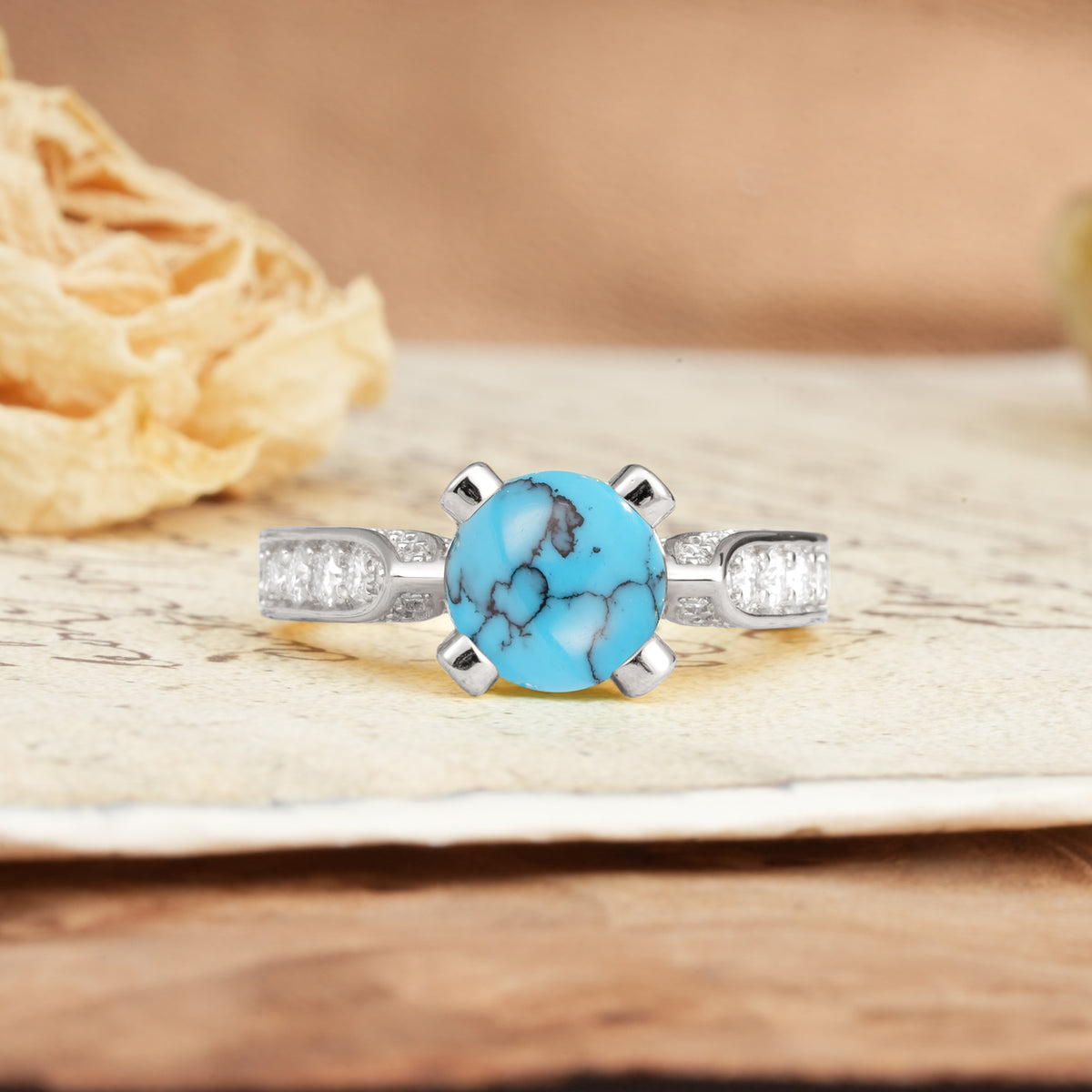 Classic Vintage 4-Prong Round Cut Turquoise Engagement Ring - Additional view