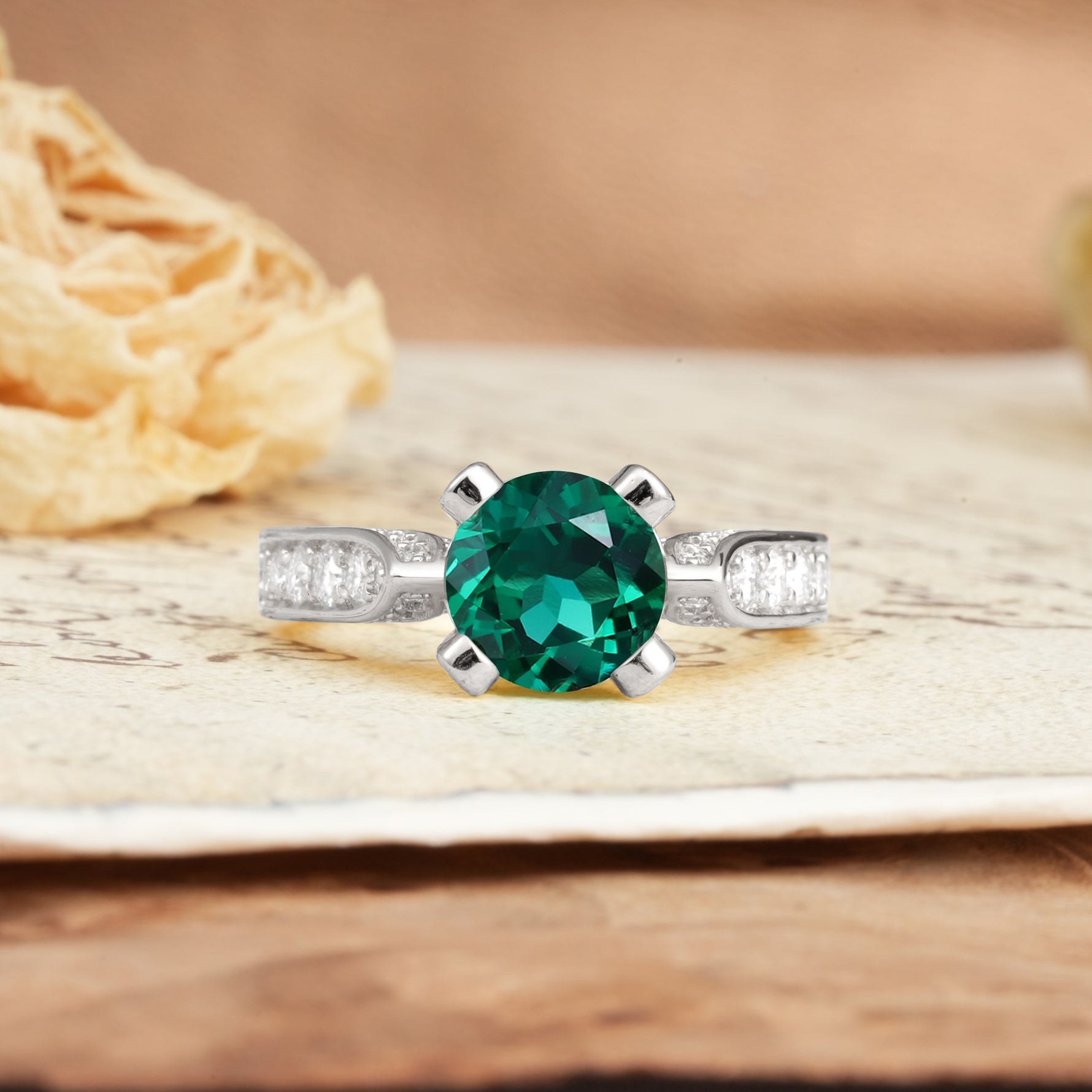 Classic Vintage 4-Prong Round Cut Emerald Engagement Ring - Additional view
