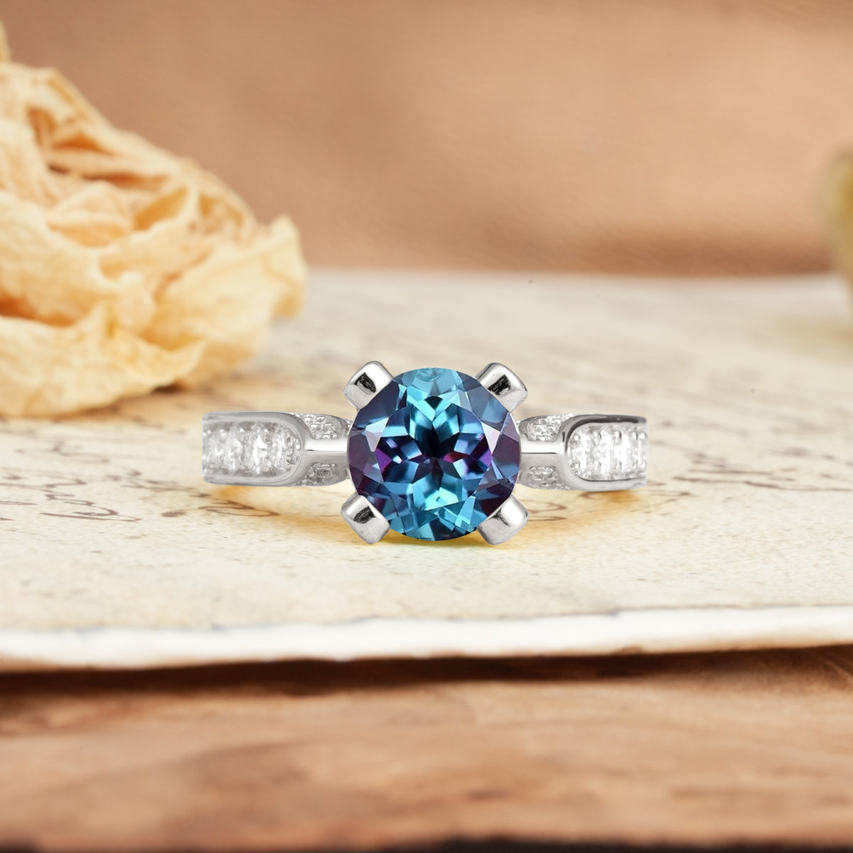 Classic Vintage 4-Prong Round Cut Alexandrite Engagement Ring - Additional view