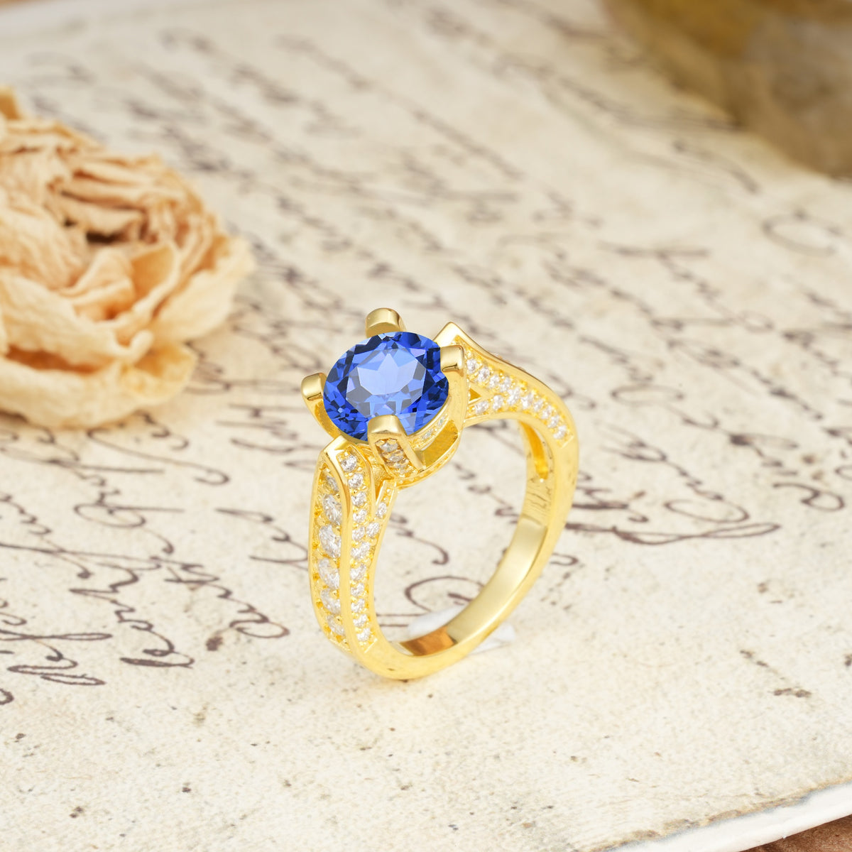 Classic Vintage 4-Prong Round Cut Sapphire Engagement Ring - Additional view