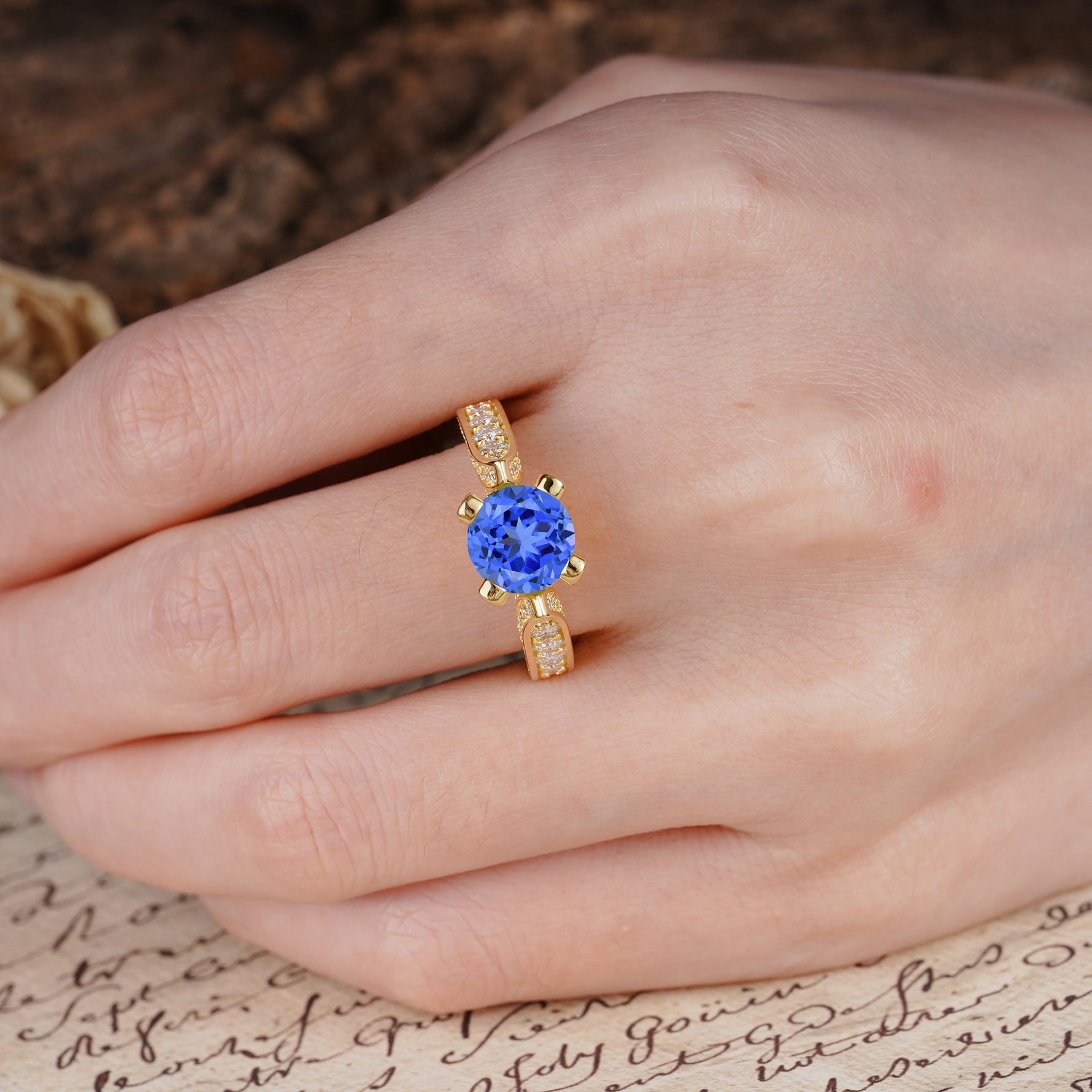 Classic Vintage 4-Prong Round Cut Sapphire Engagement Ring - Additional view