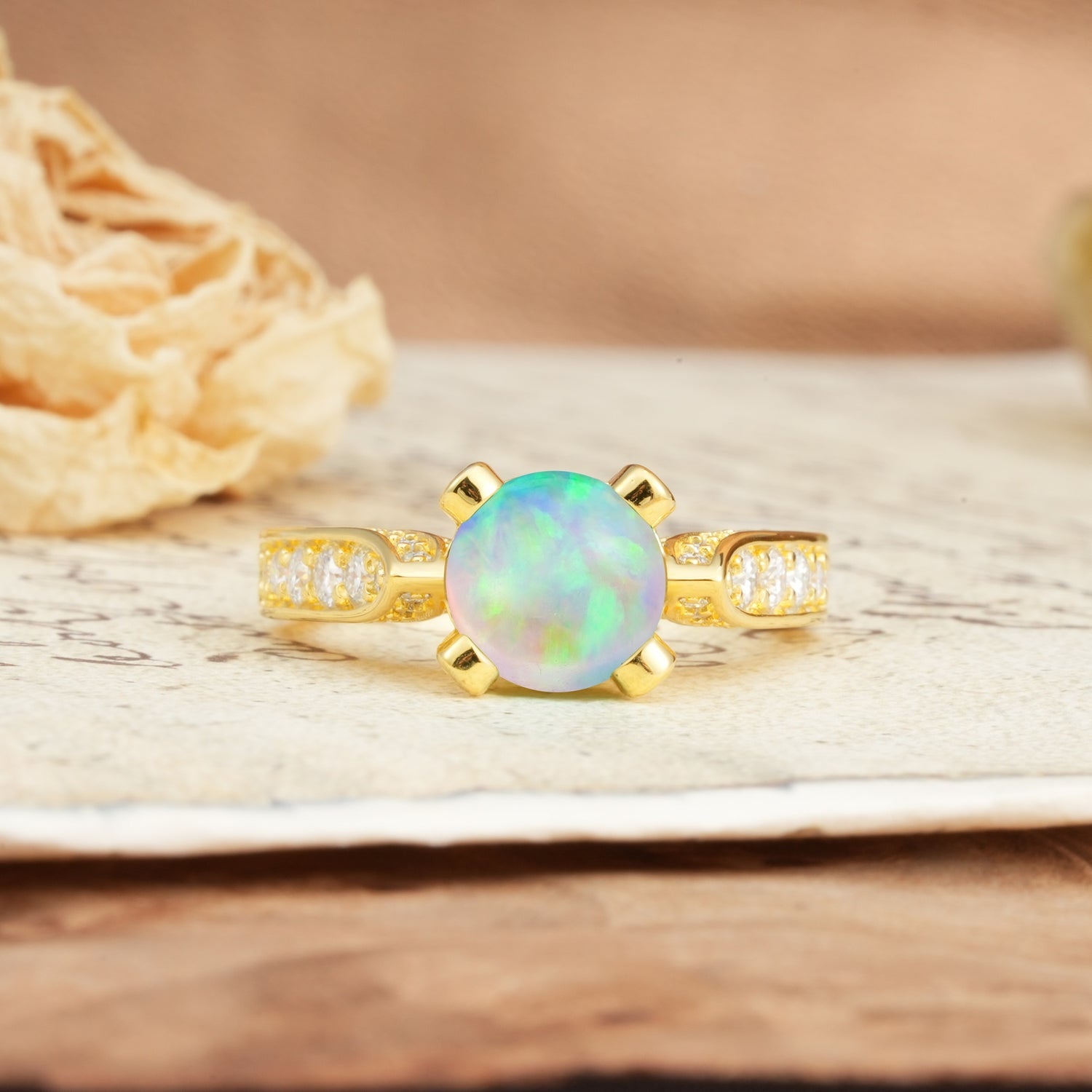 Classic Vintage 4-Prong Round Cut Fire Opal Engagement Ring - Additional view