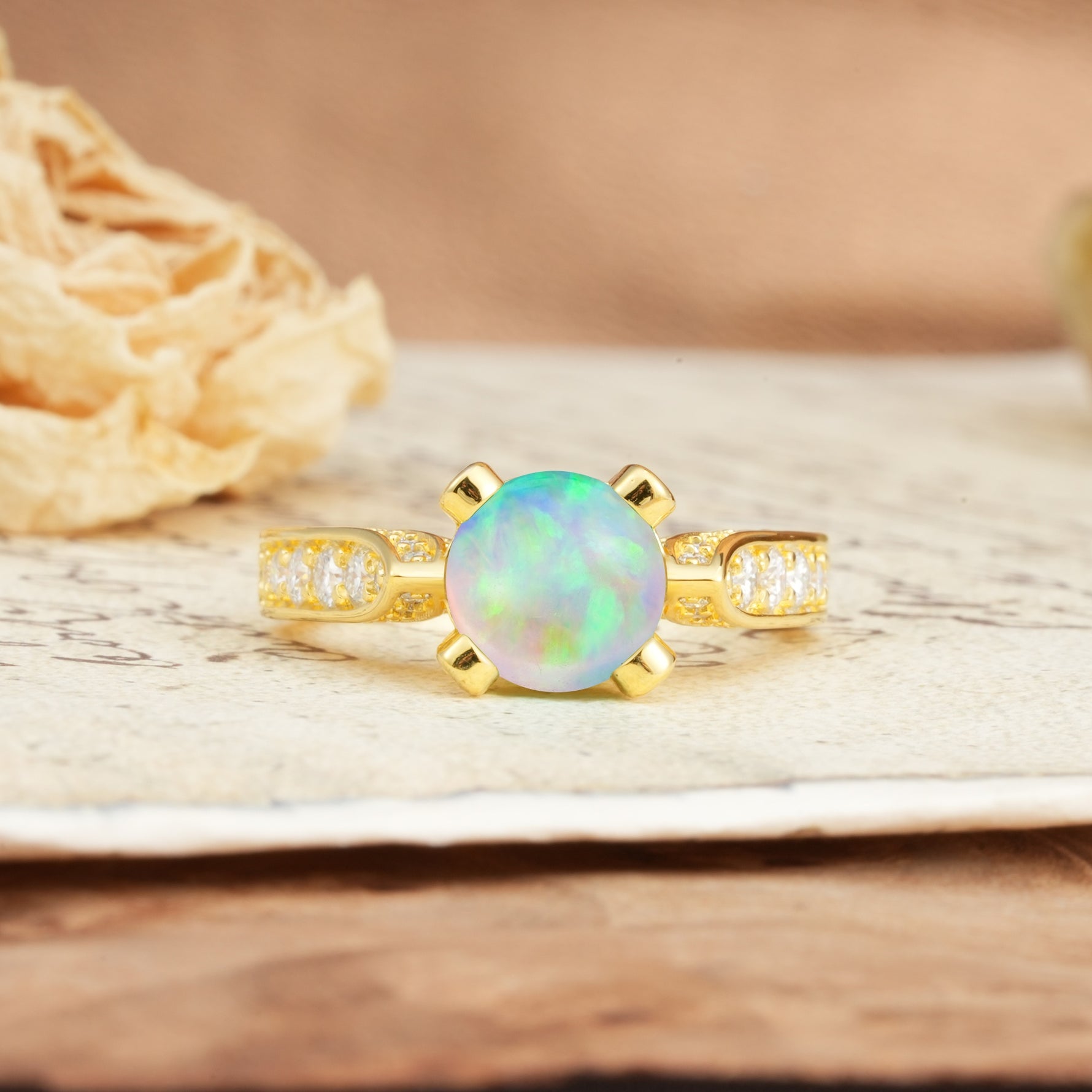 Classic Vintage 4-Prong Round Cut Fire Opal Engagement Ring - Additional view