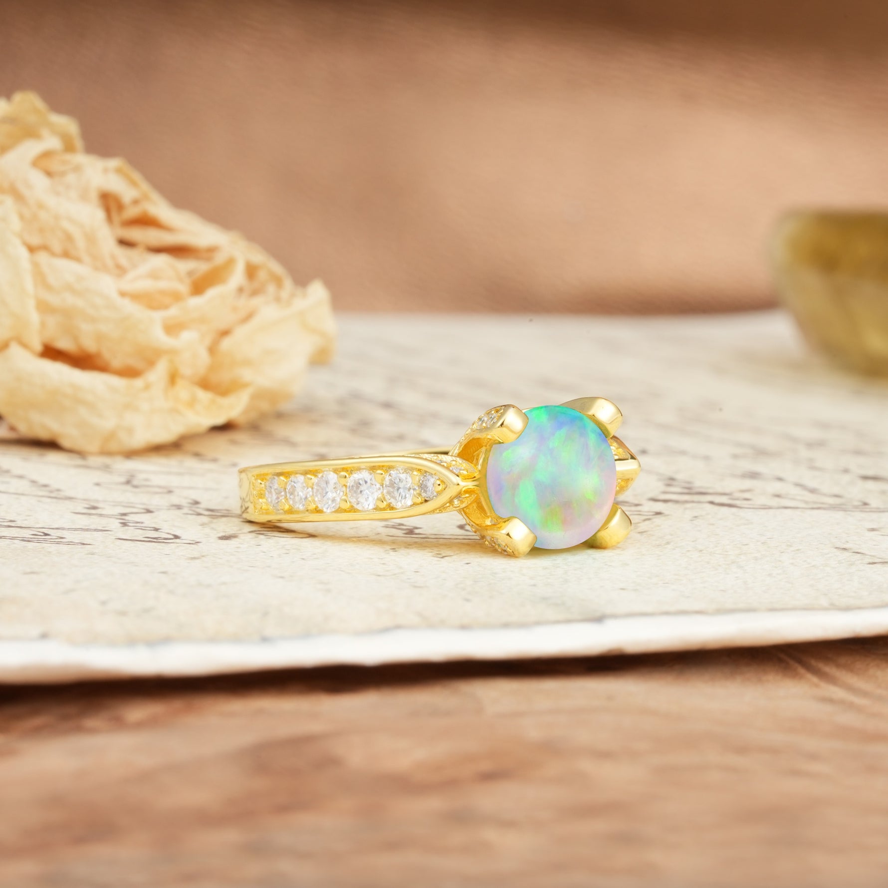 Classic Vintage 4-Prong Round Cut Fire Opal Engagement Ring - Additional view