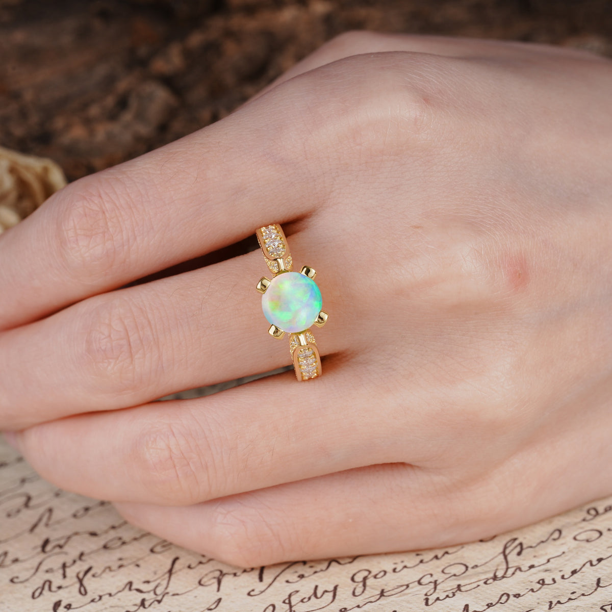 Classic Vintage 4-Prong Round Cut Fire Opal Engagement Ring - Additional view