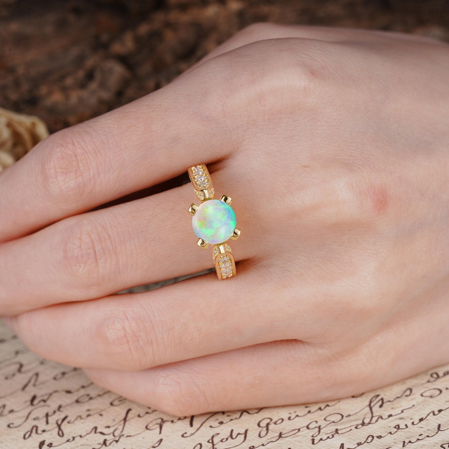 Classic Vintage 4-Prong Round Cut Fire Opal Engagement Ring - Additional view