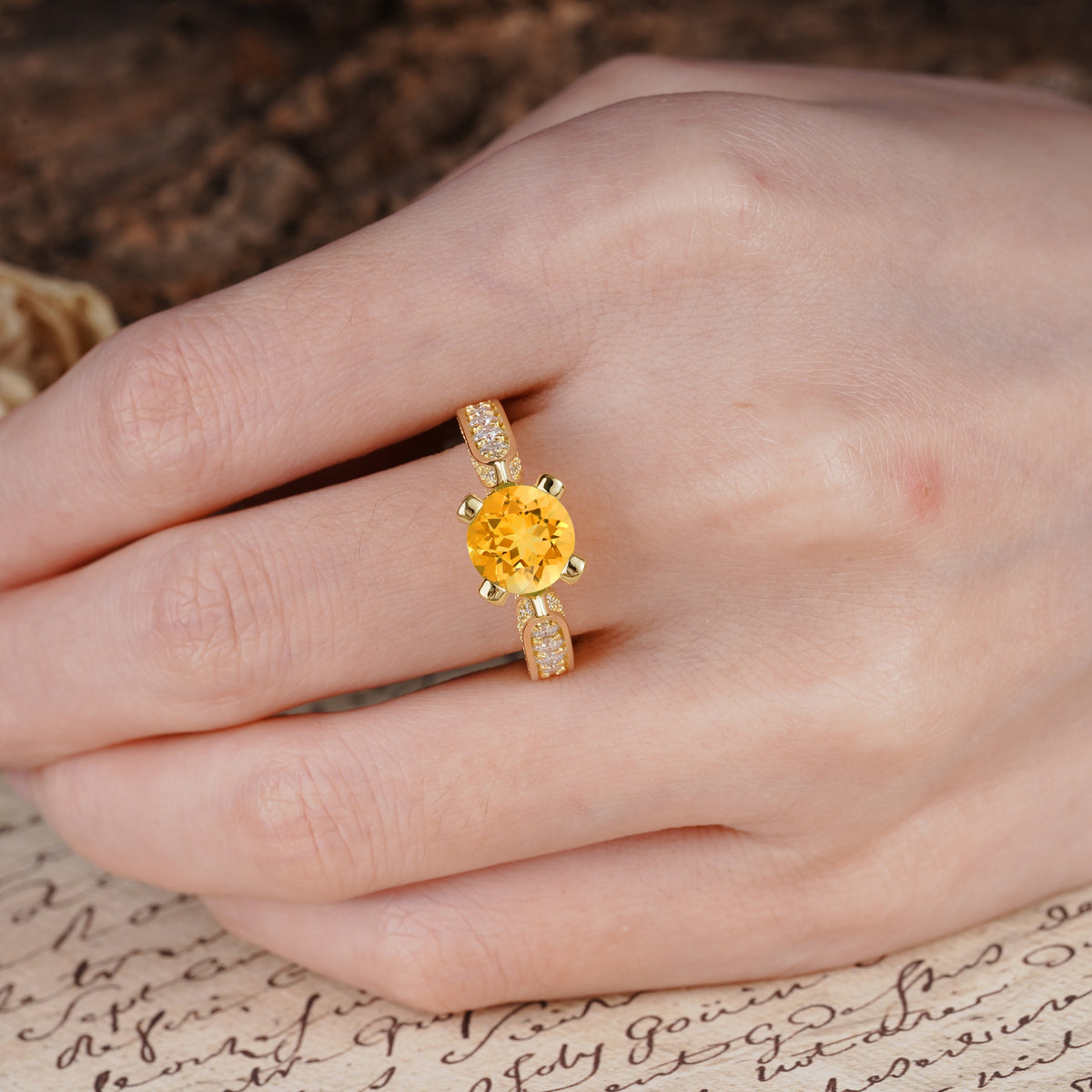 Classic Vintage 4-Prong Round Cut Citrine Engagement Ring - Additional view