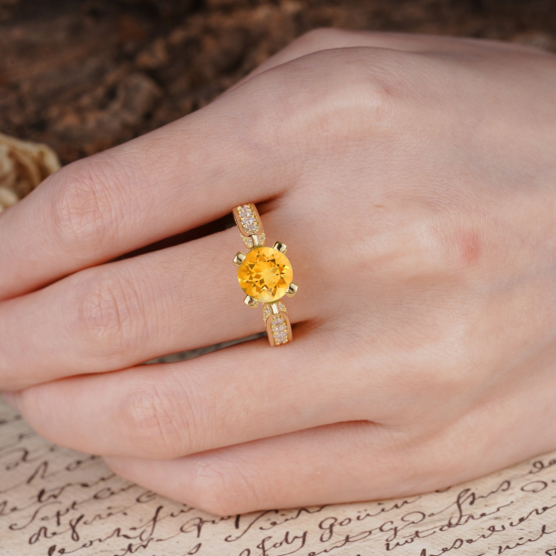 Classic Vintage 4-Prong Round Cut Citrine Engagement Ring - Additional view
