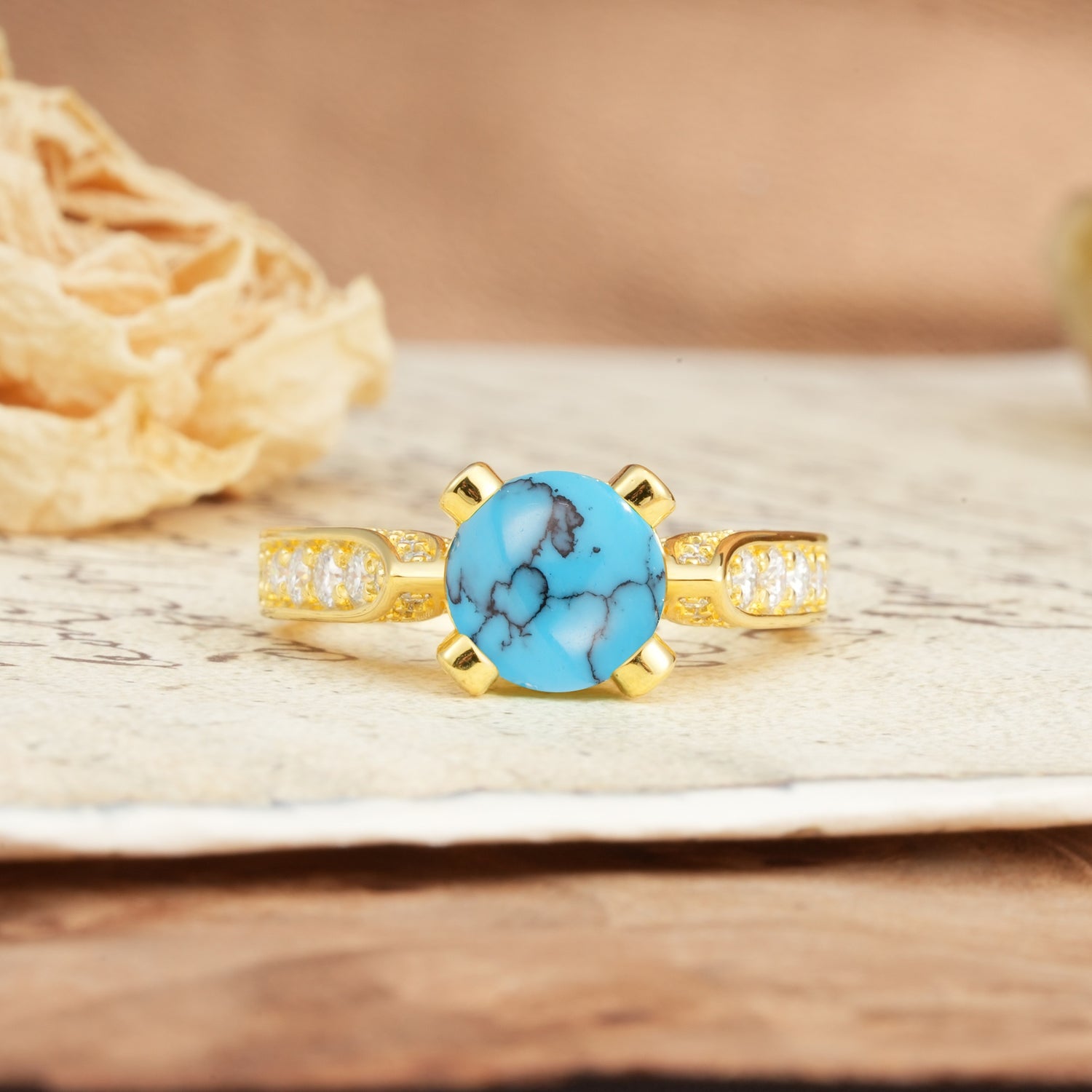 Classic Vintage 4-Prong Round Cut Turquoise Engagement Ring - Additional view
