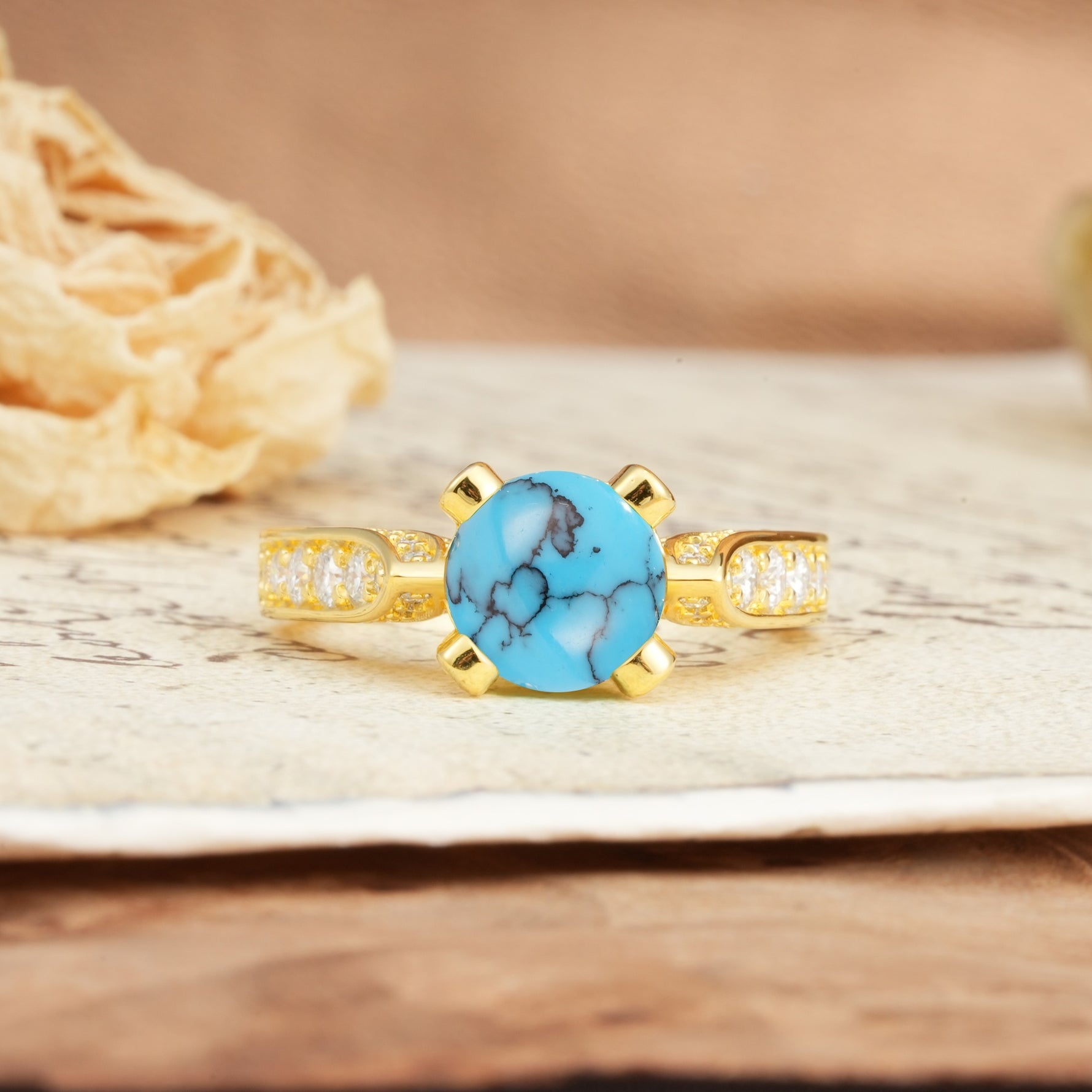 Classic Vintage 4-Prong Round Cut Turquoise Engagement Ring - Additional view