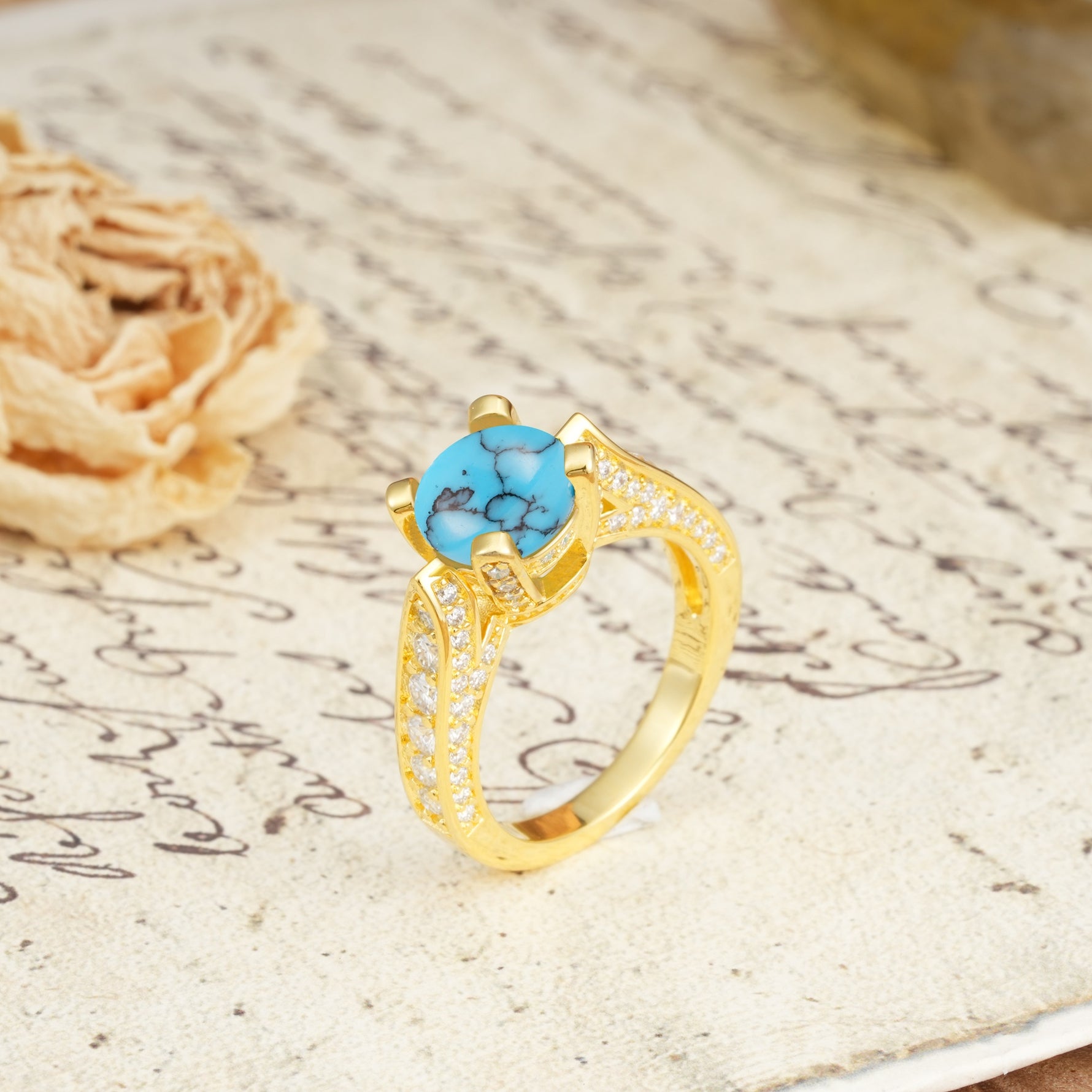 Classic Vintage 4-Prong Round Cut Turquoise Engagement Ring - Additional view
