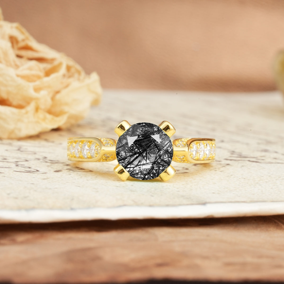 Classic Vintage 4-Prong Round Cut Black Rutilated Quartz Engagement Ring - Additional view