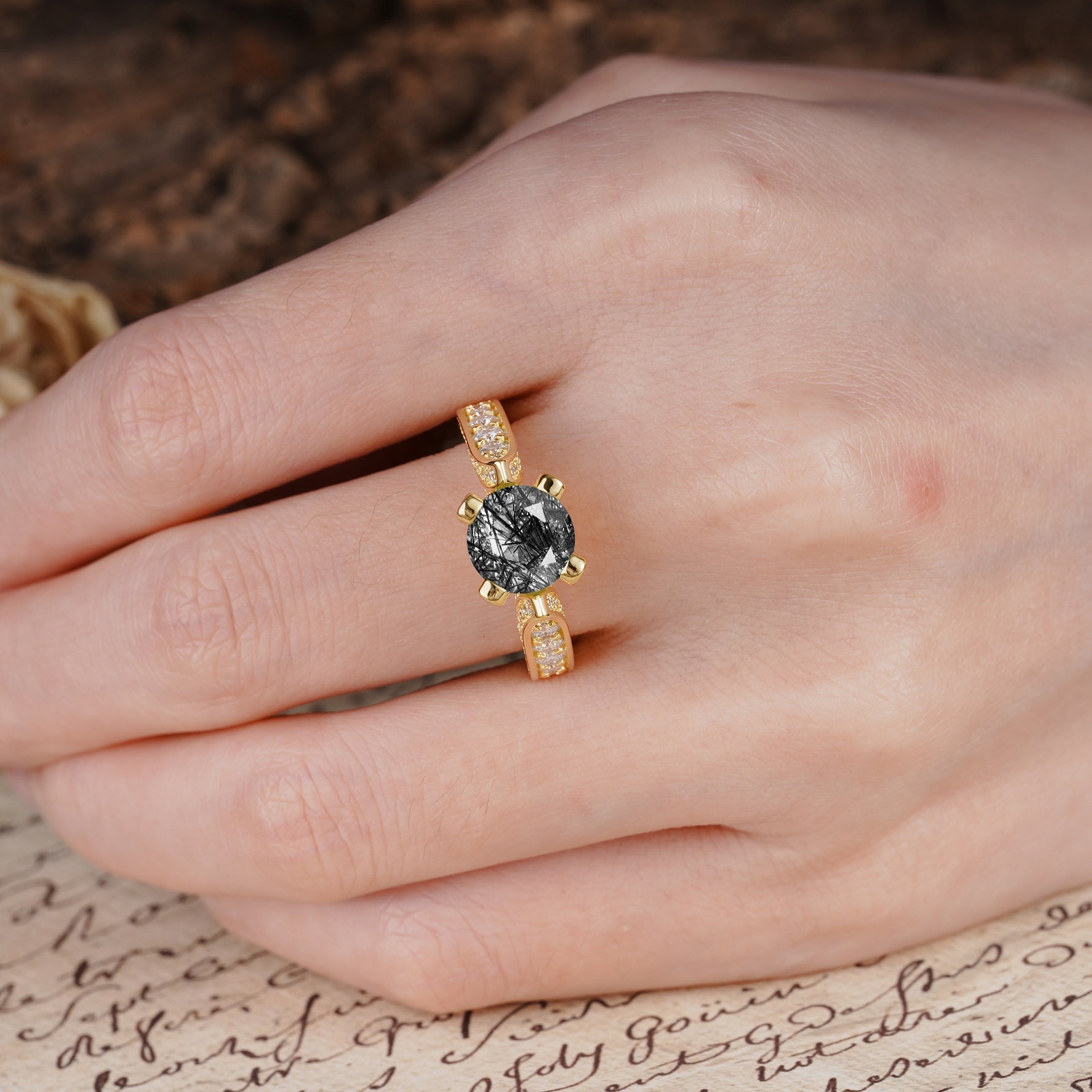 Classic Vintage 4-Prong Round Cut Black Rutilated Quartz Engagement Ring - Additional view
