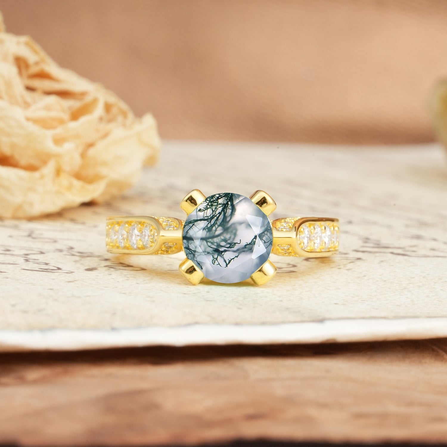 Classic Vintage 4-Prong Round Cut Moss Agate Engagement Ring - Additional view