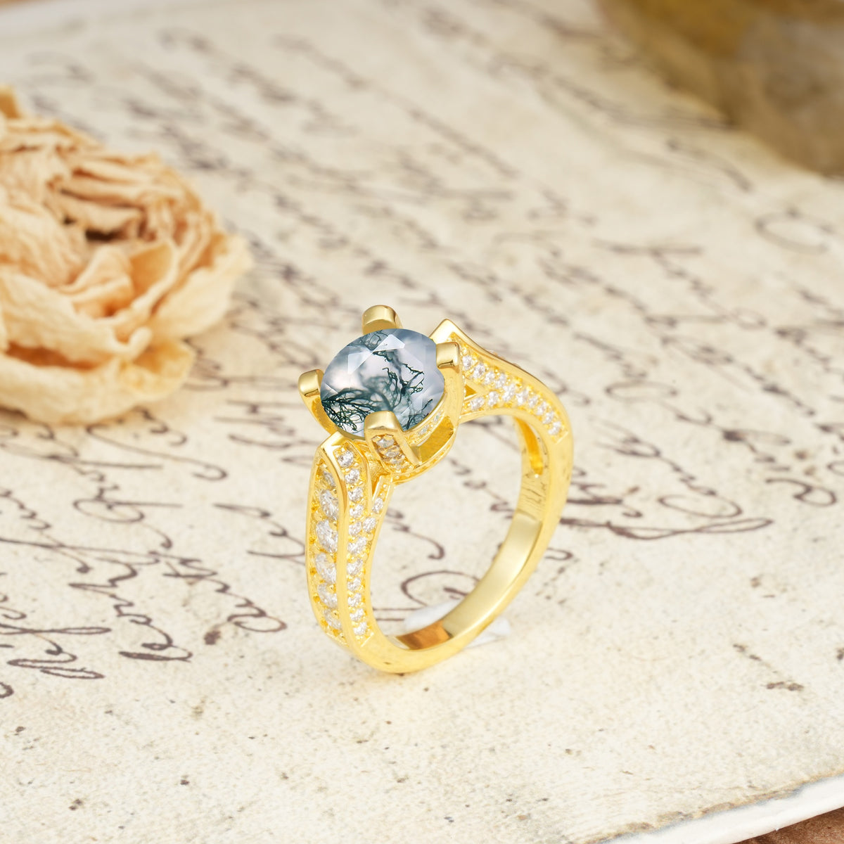 Classic Vintage 4-Prong Round Cut Moss Agate Engagement Ring - Additional view