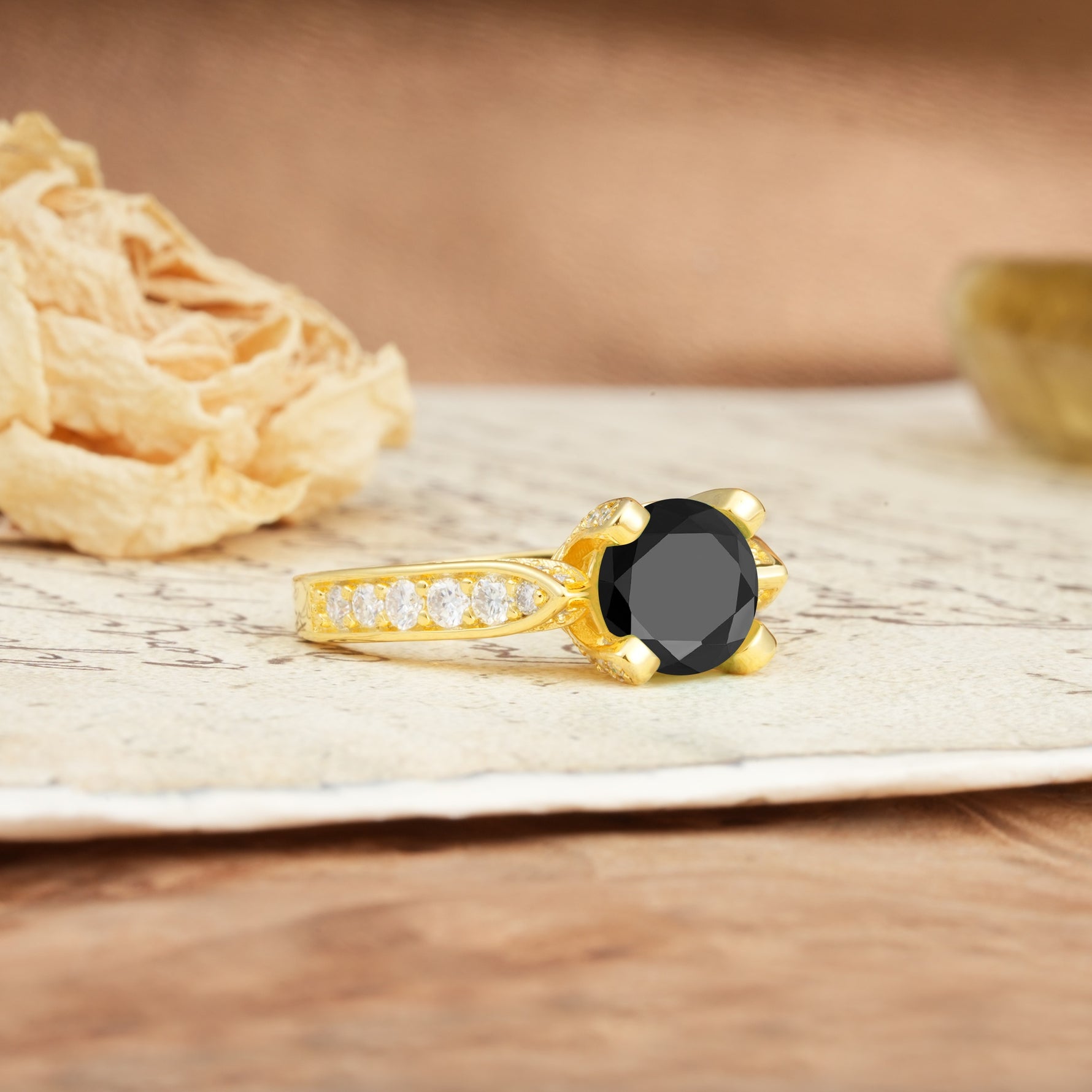 Classic Vintage 4-Prong Round Cut Black Onyx Engagement Ring - Additional view