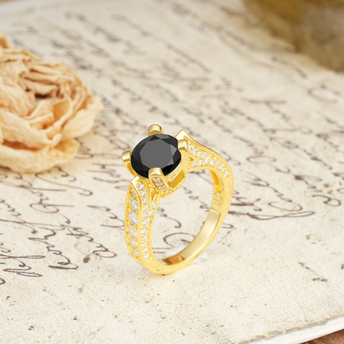 Classic Vintage 4-Prong Round Cut Black Onyx Engagement Ring - Additional view