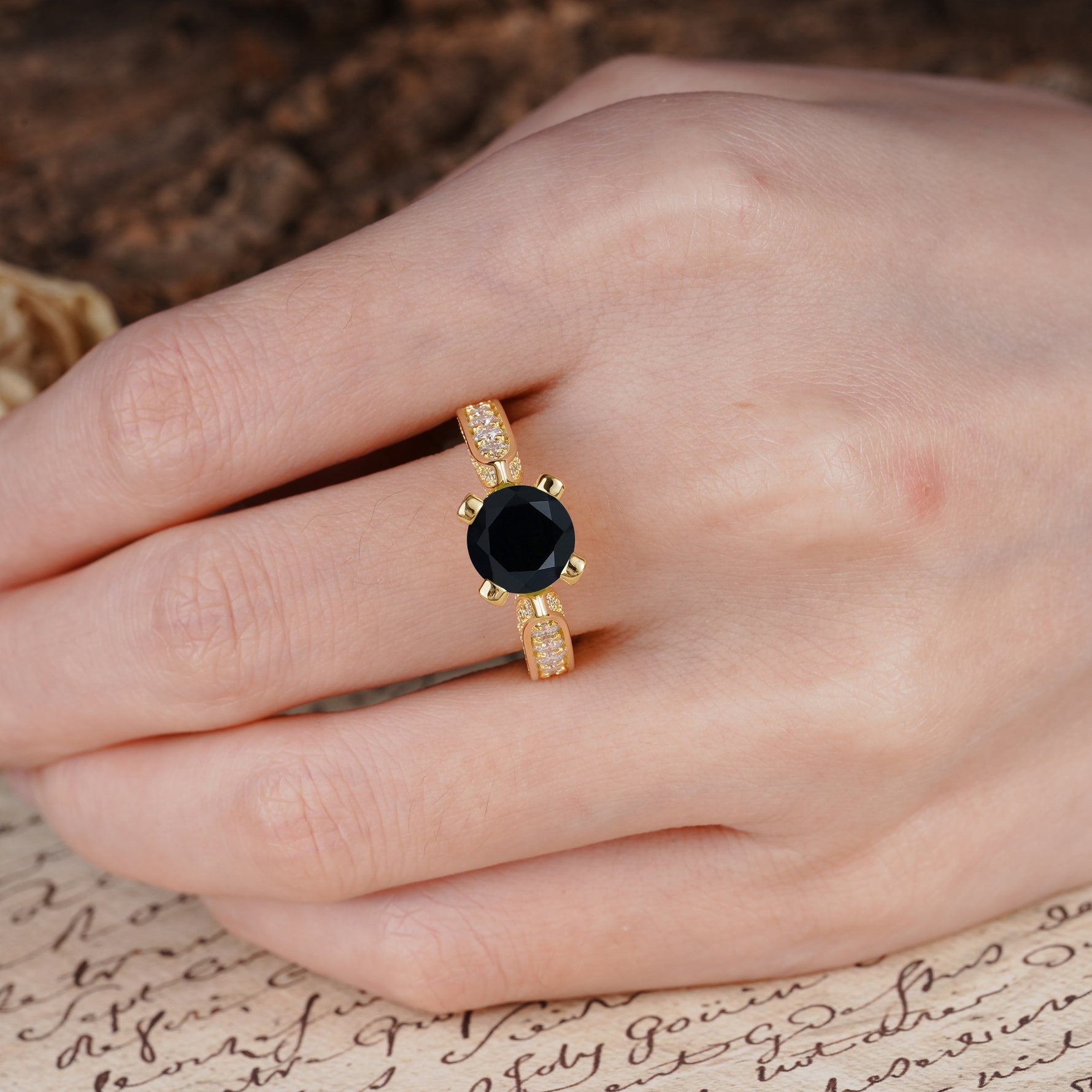 Classic Vintage 4-Prong Round Cut Black Onyx Engagement Ring - Additional view