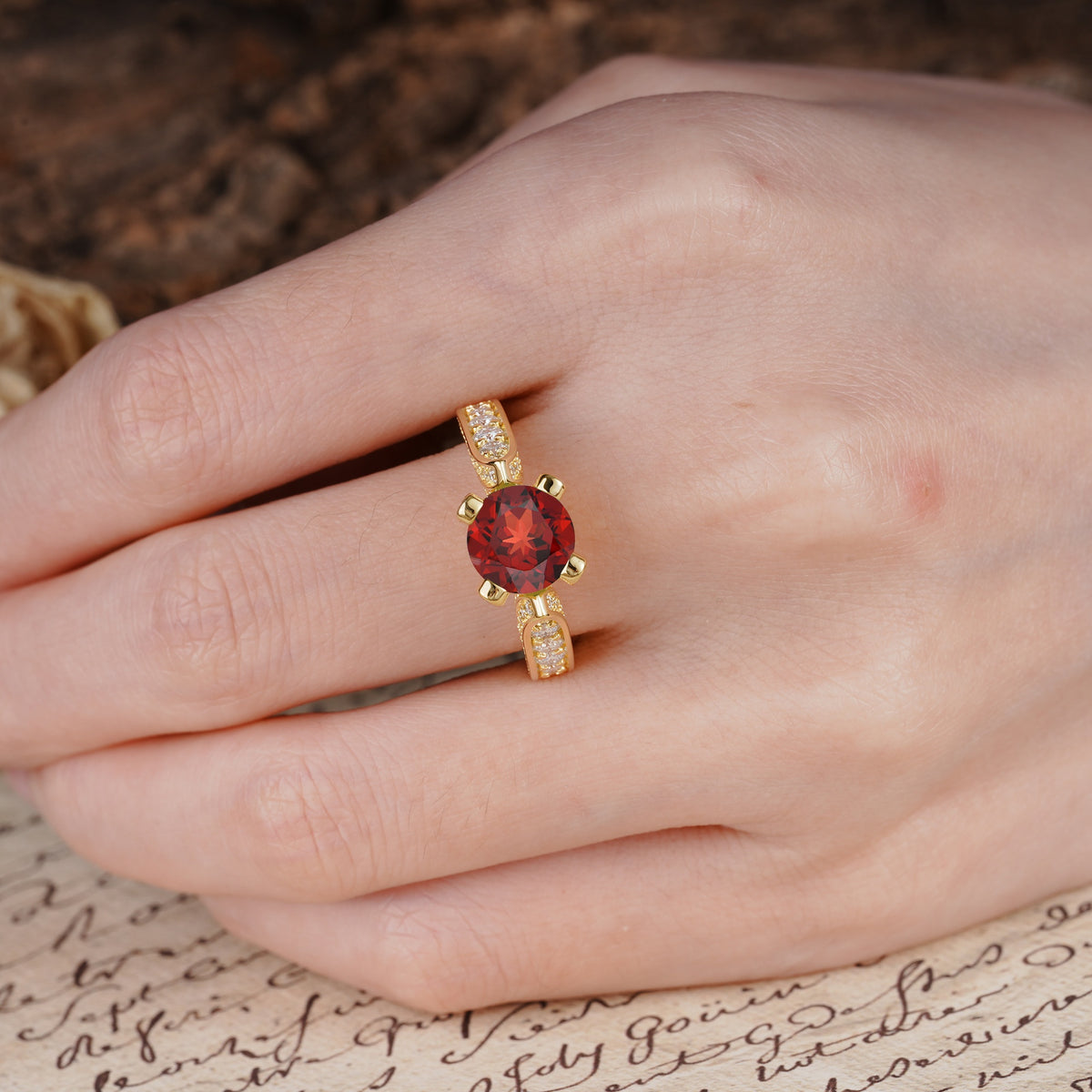 Classic Vintage 4-Prong Round Cut Garnet Engagement Ring - Additional view