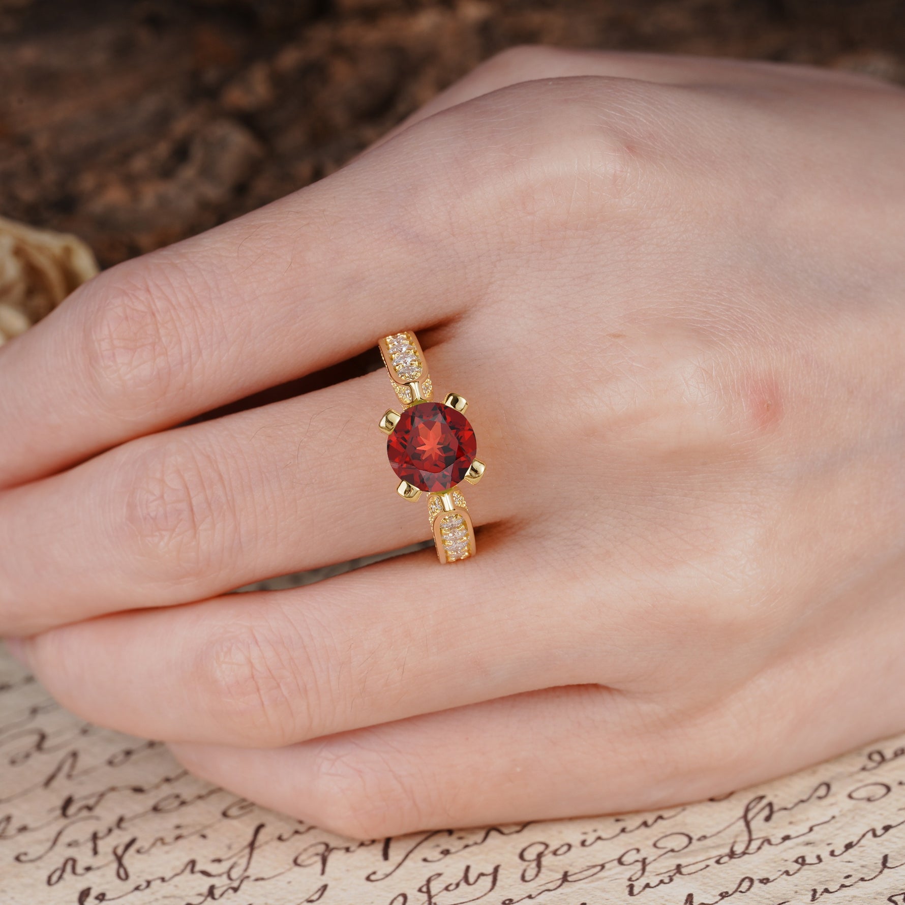 Classic Vintage 4-Prong Round Cut Garnet Engagement Ring - Additional view