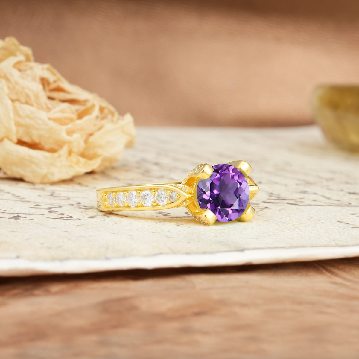 Classic Vintage 4-Prong Round Cut Amethyst Engagement Ring - Additional view