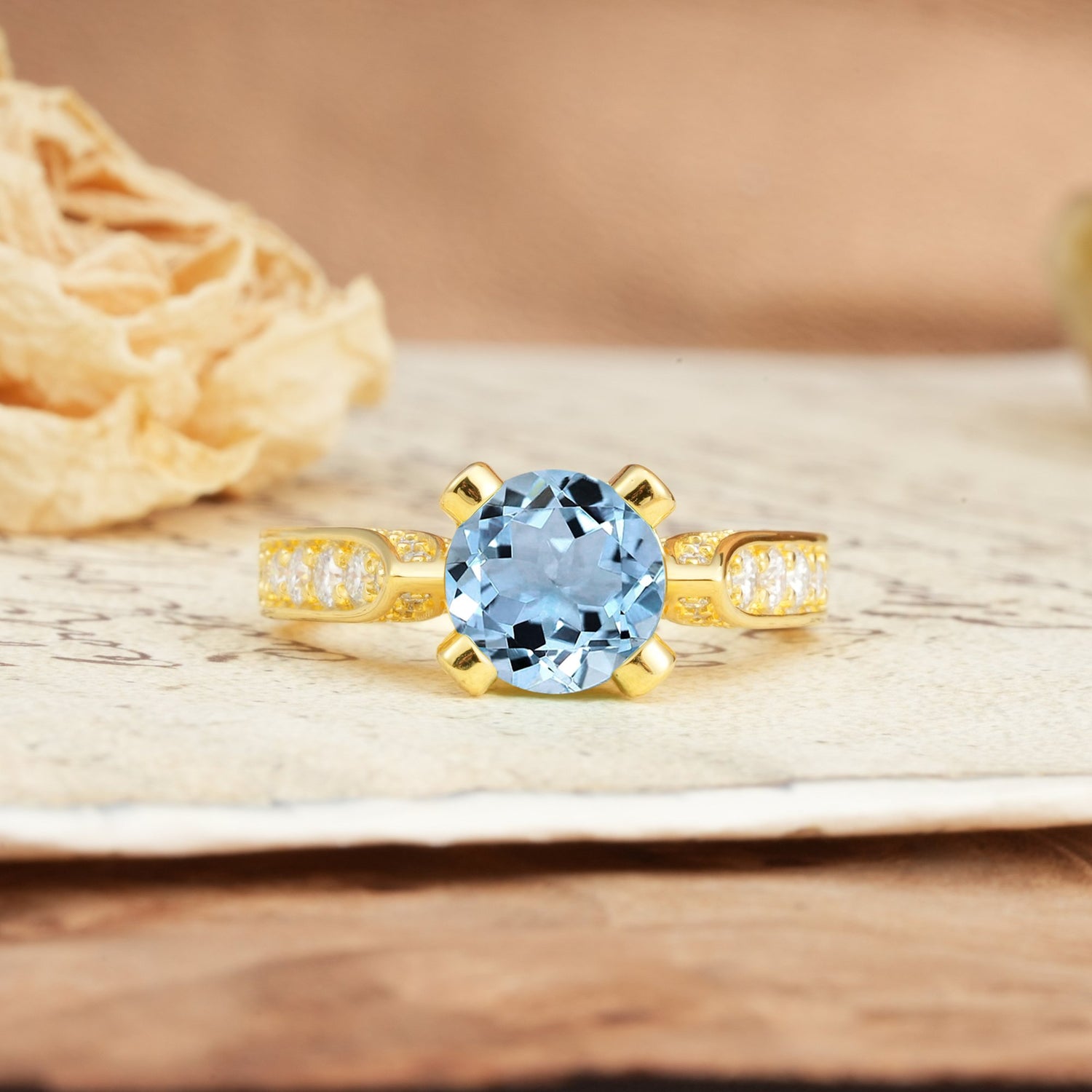 Classic Vintage 4-Prong Round Cut Aquamarine Engagement Ring