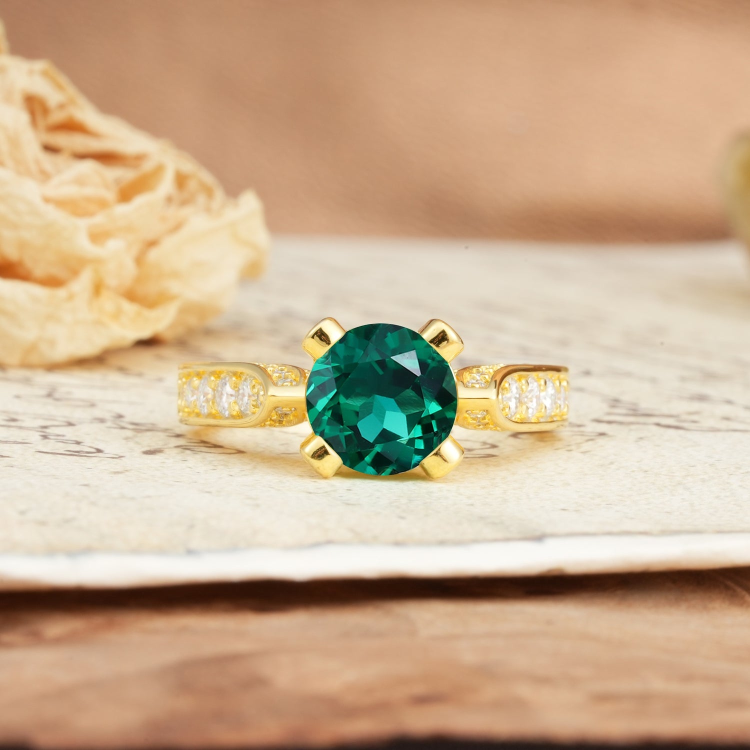 Classic Vintage 4-Prong Round Cut Emerald Engagement Ring - Additional view