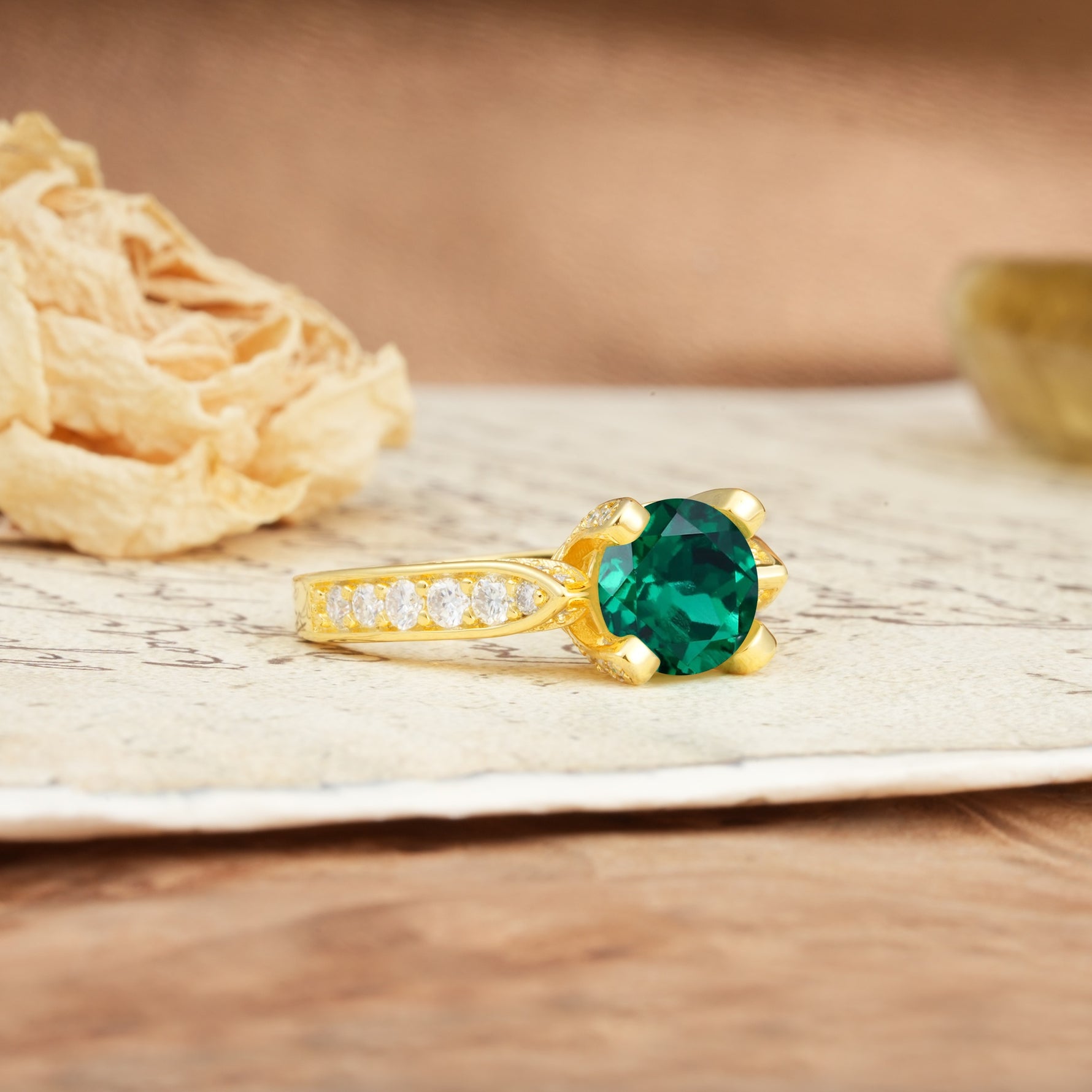 Classic Vintage 4-Prong Round Cut Emerald Engagement Ring - Additional view