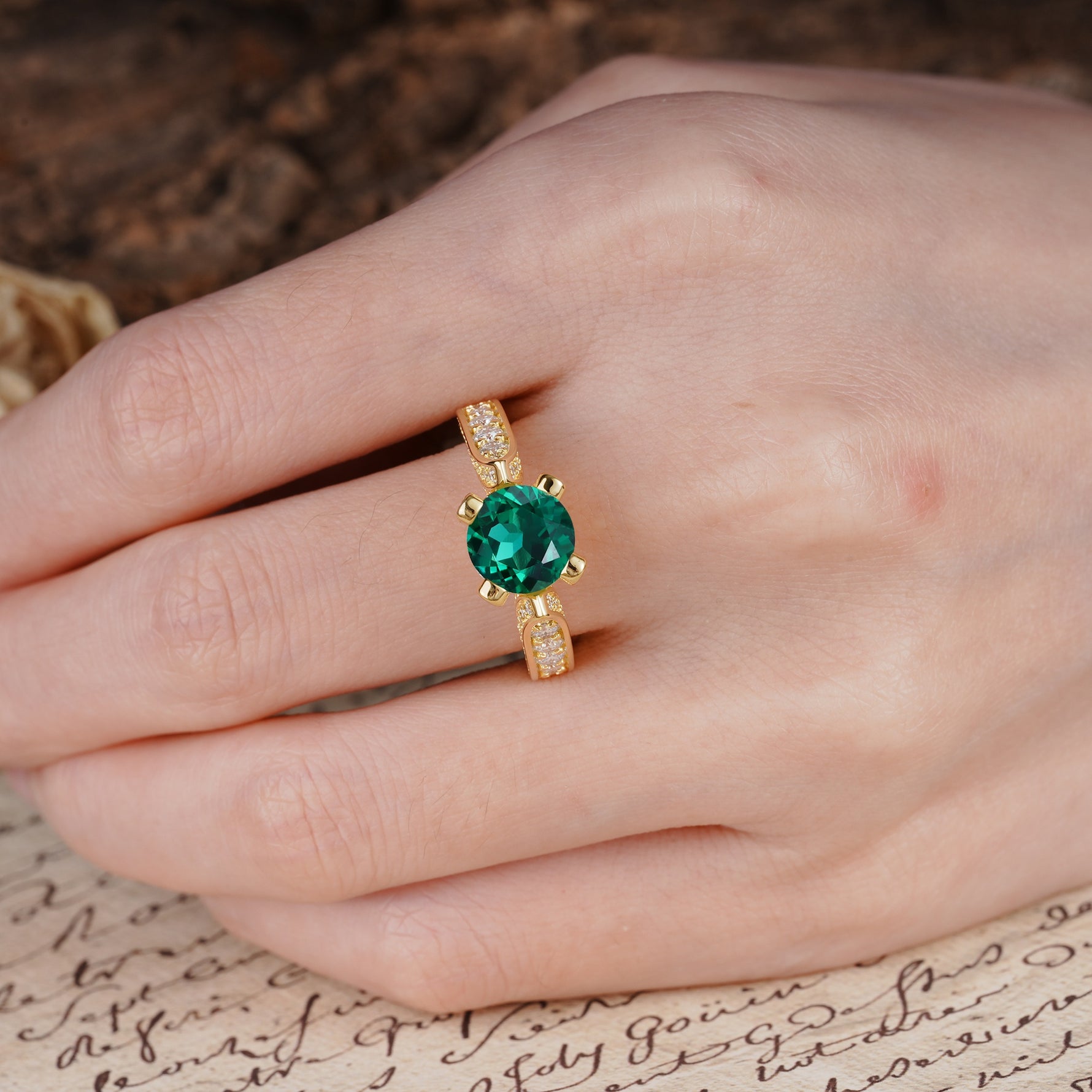 Classic Vintage 4-Prong Round Cut Emerald Engagement Ring - Additional view