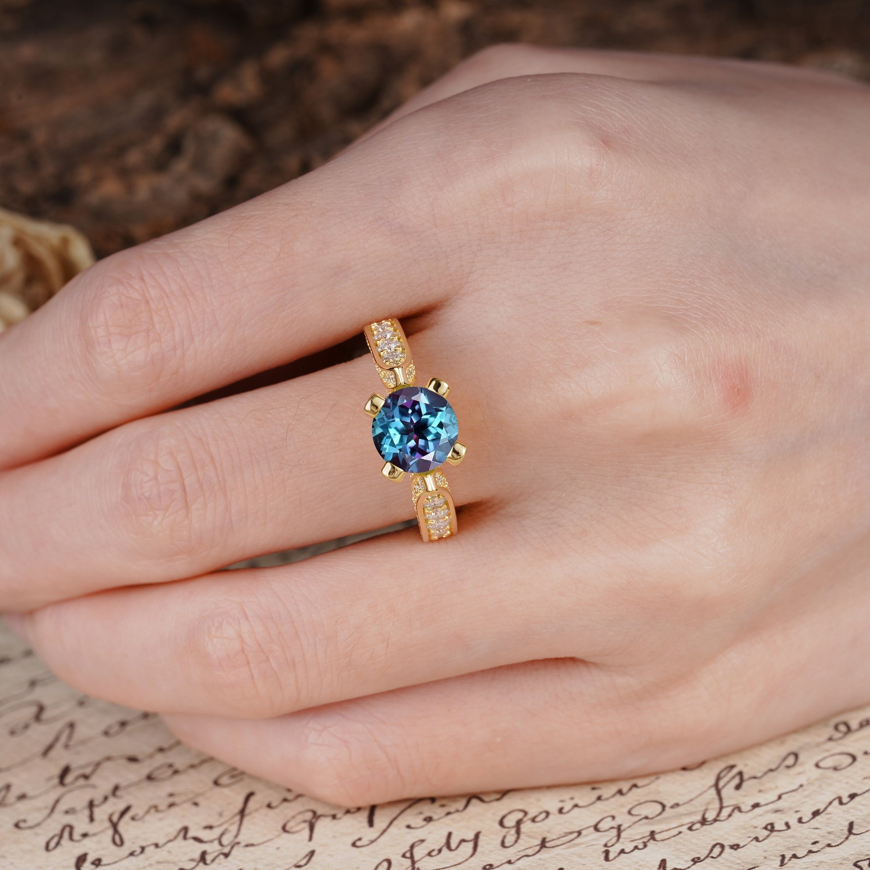 Classic Vintage 4-Prong Round Cut Alexandrite Engagement Ring - Additional view