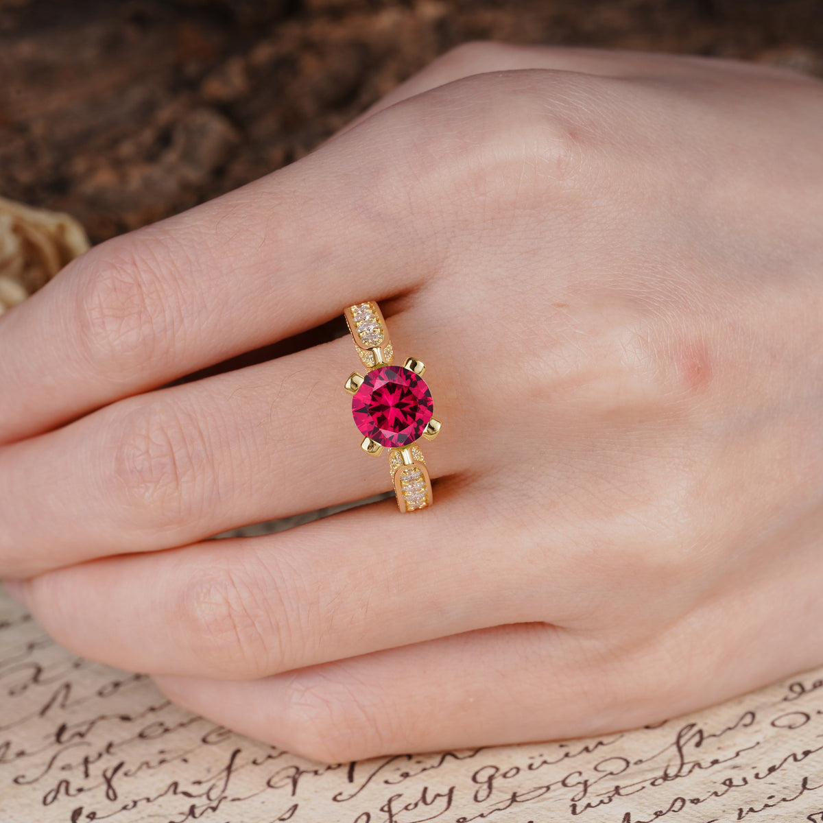 Classic Vintage 4-Prong Round Cut Ruby Engagement Ring - Additional view