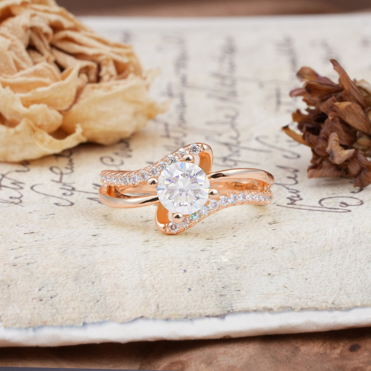 Uniquely Elegant, Twisting 4-Prong Round Cut Moissanite Engagement Ring - Additional view