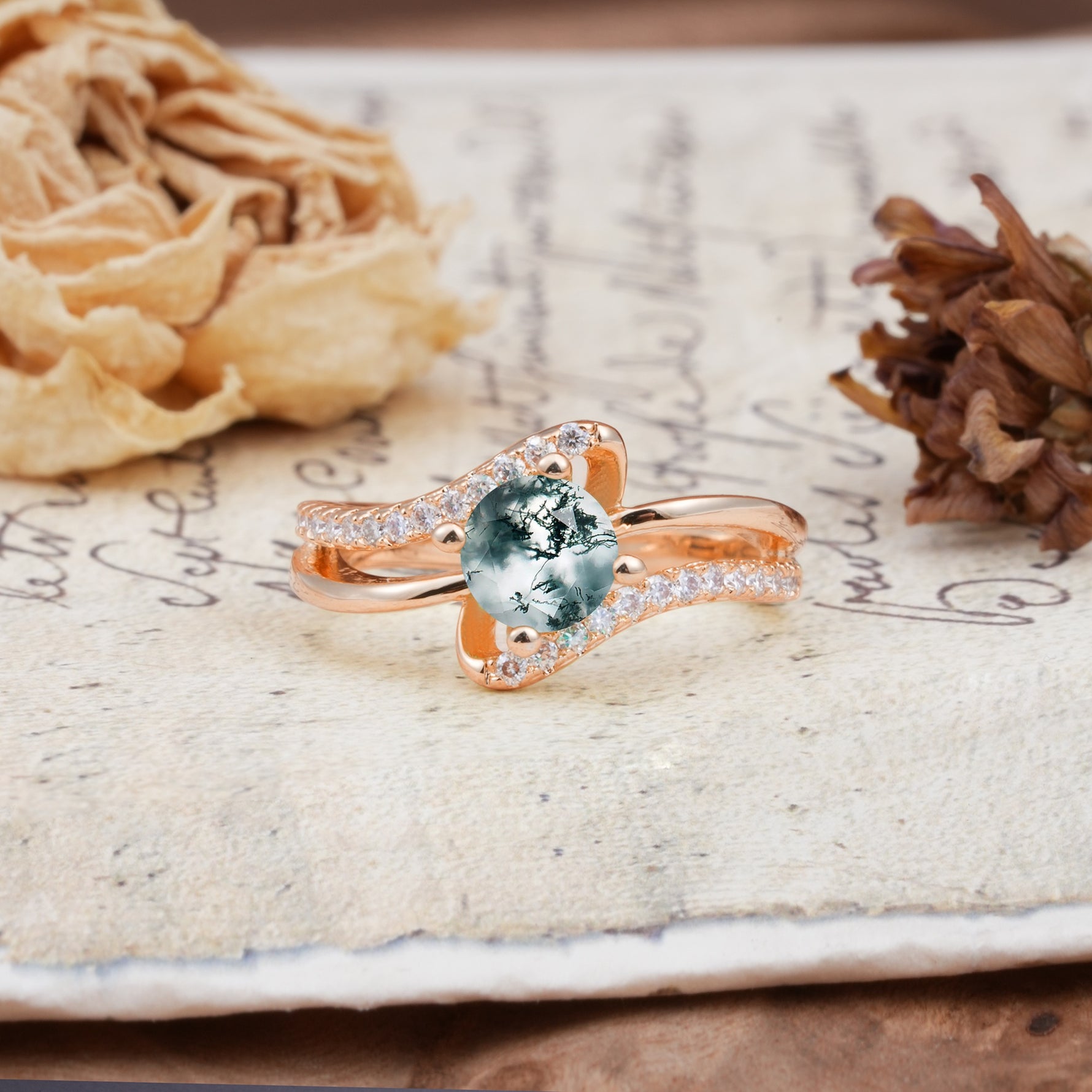 Uniquely Elegant, Twisting 4-Prong Round Cut Moss Agate Engagement Ring - Additional view