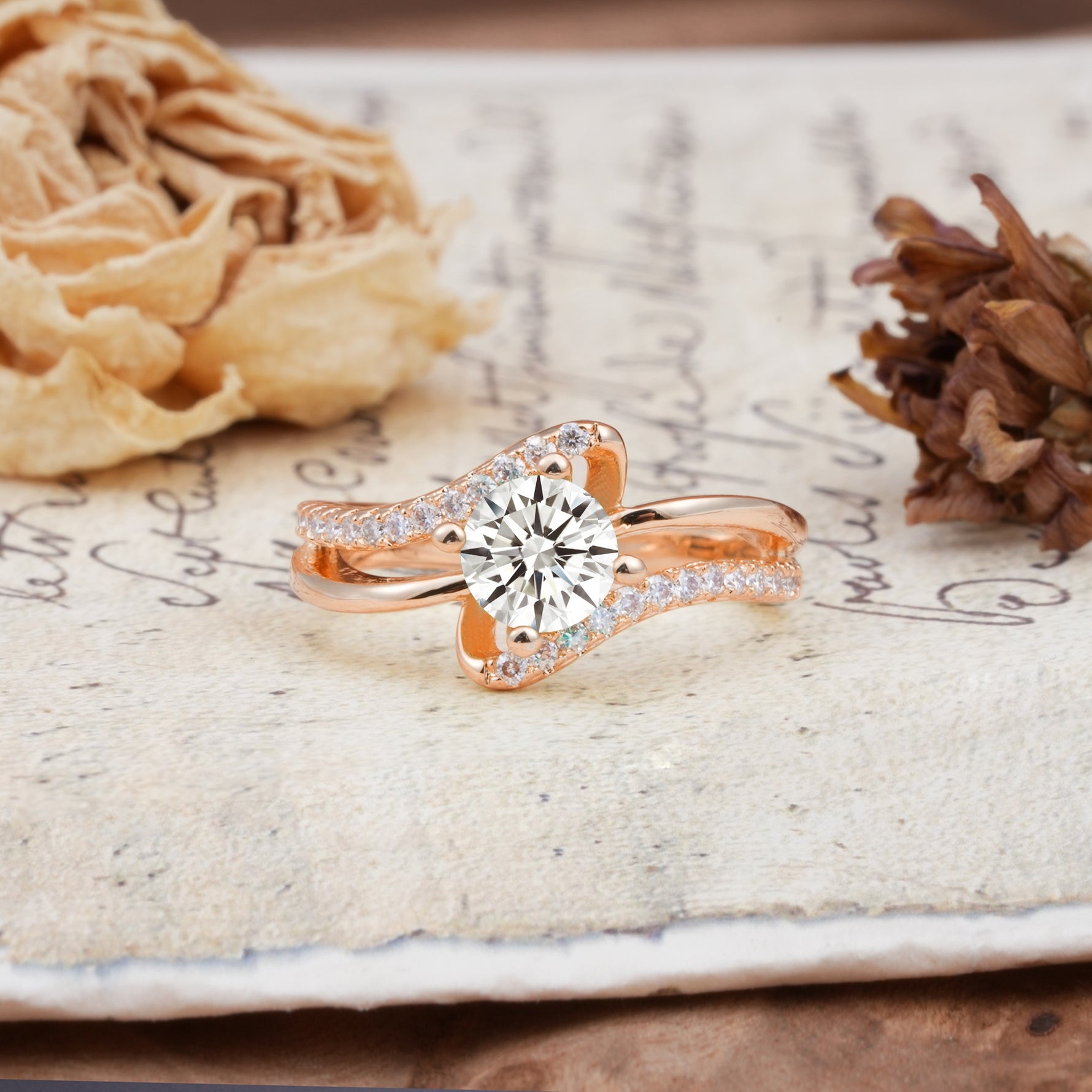 Uniquely Elegant, Twisting 4-Prong Round Cut Lab Diamond Engagement Ring - Additional view