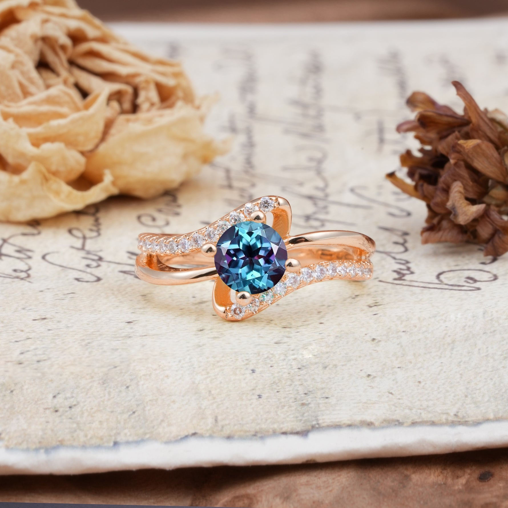 Uniquely Elegant, Twisting 4-Prong Round Cut Alexandrite Engagement Ring - Additional view