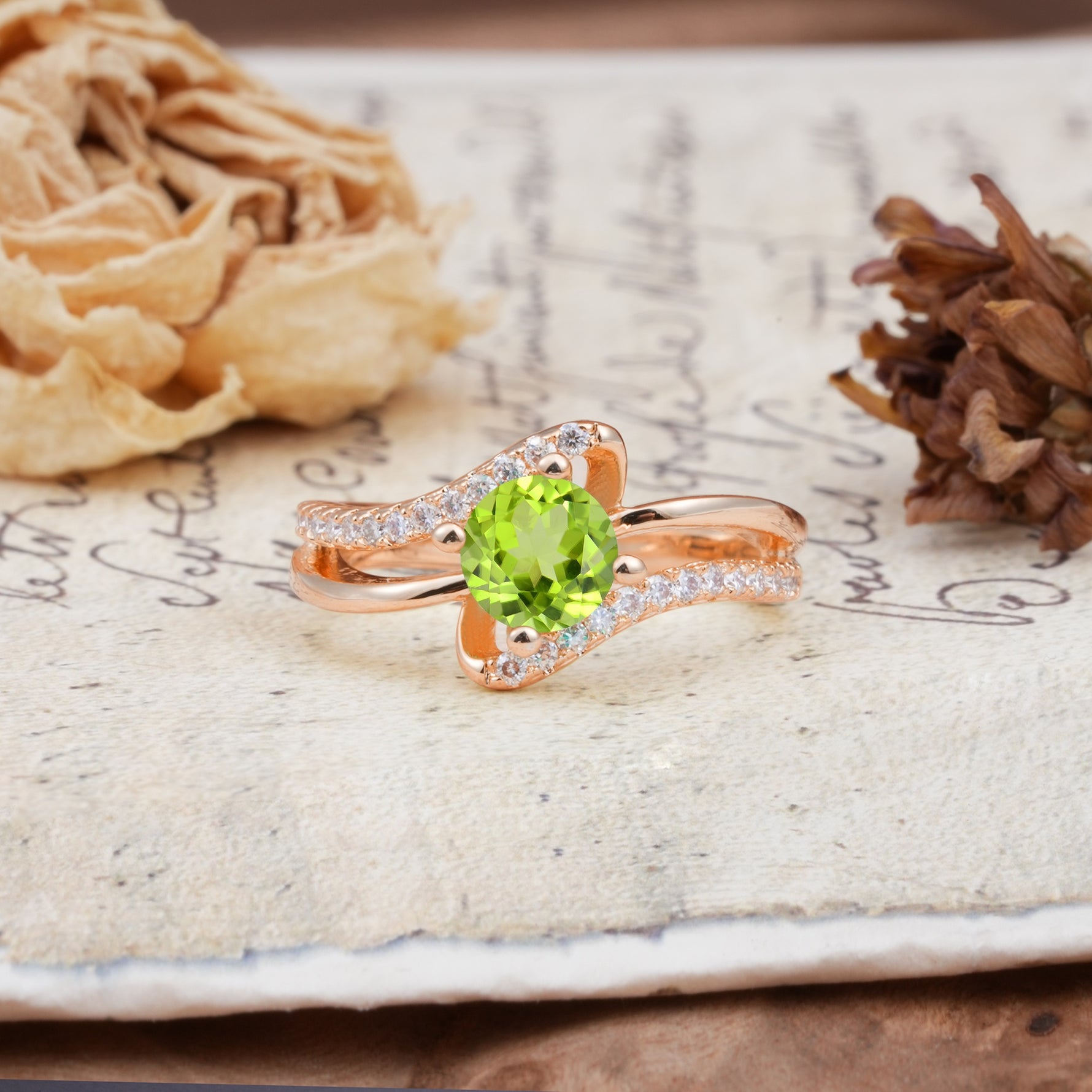 Uniquely Elegant, Twisting 4-Prong Round Cut Peridot Engagement Ring - Additional view