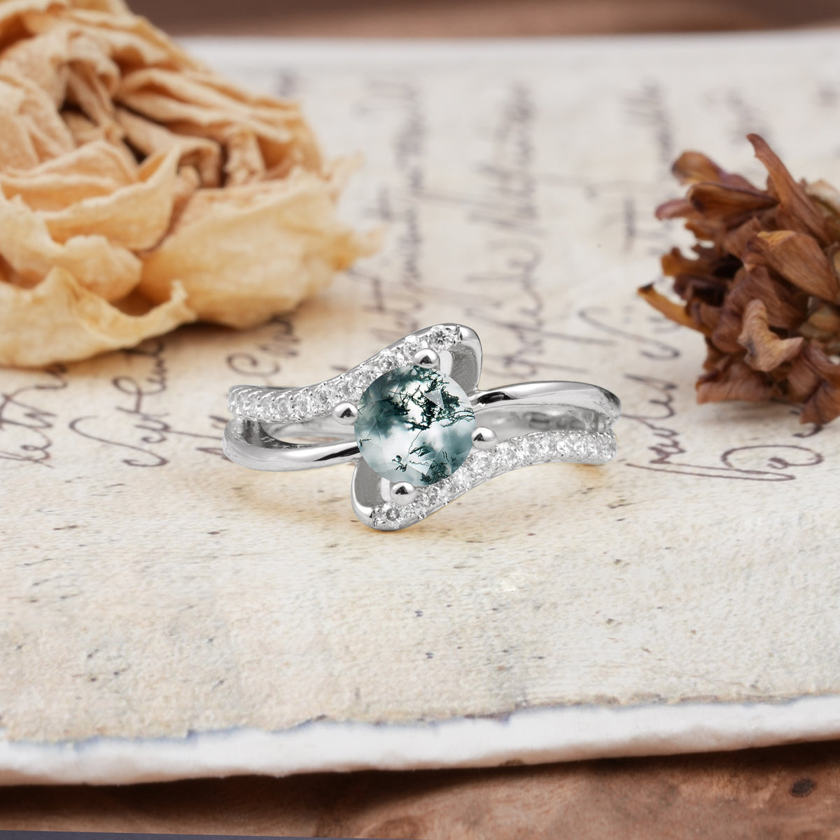 Uniquely Elegant, Twisting 4-Prong Round Cut Moss Agate Engagement Ring - Additional view