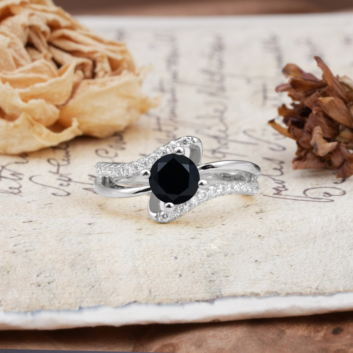 Uniquely Elegant, Twisting 4-Prong Round Cut Black Onyx Engagement Ring - Additional view