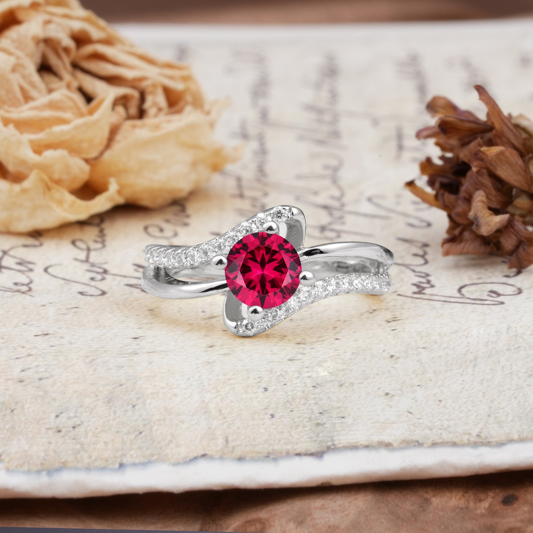 Uniquely Elegant, Twisting 4-Prong Round Cut Ruby Engagement Ring - Additional view