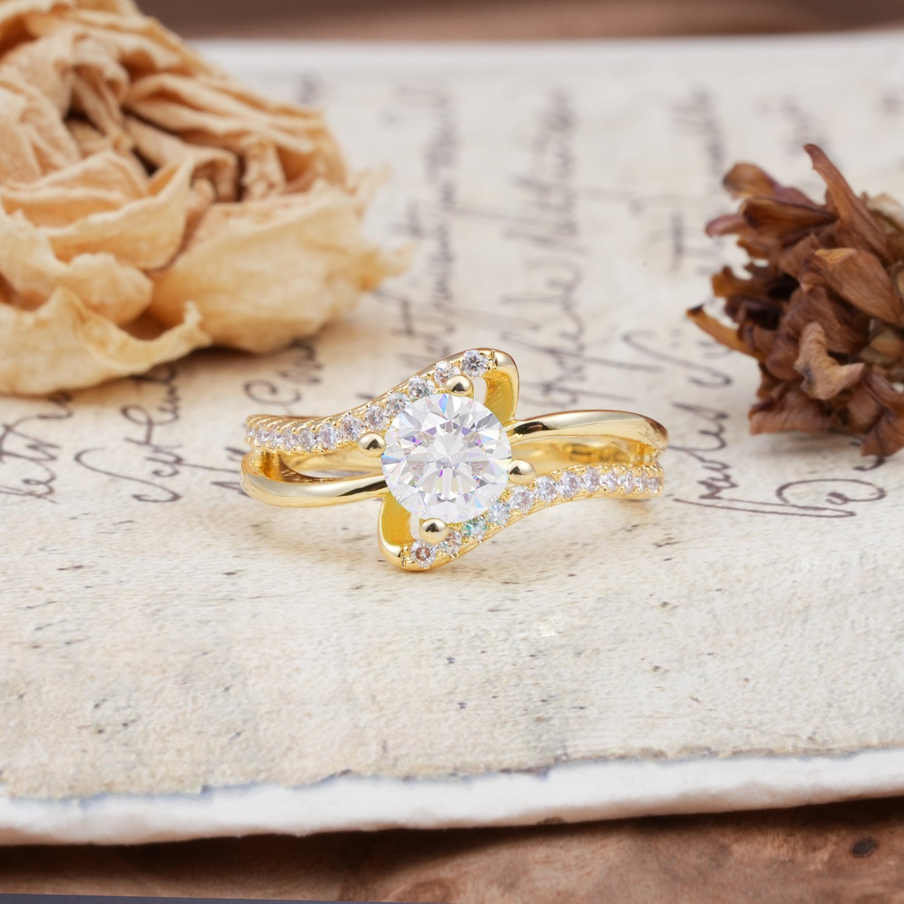 Uniquely Elegant, Twisting 4-Prong Round Cut Moissanite Engagement Ring - Additional view