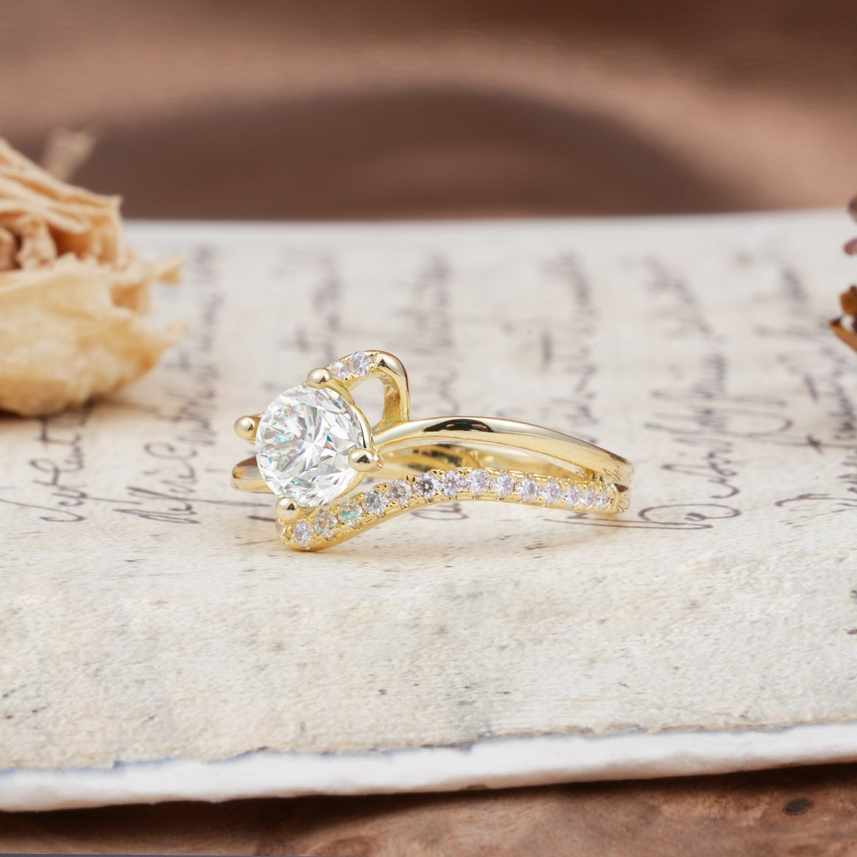 Uniquely Elegant, Twisting 4-Prong Round Cut Moissanite Engagement Ring - Additional view