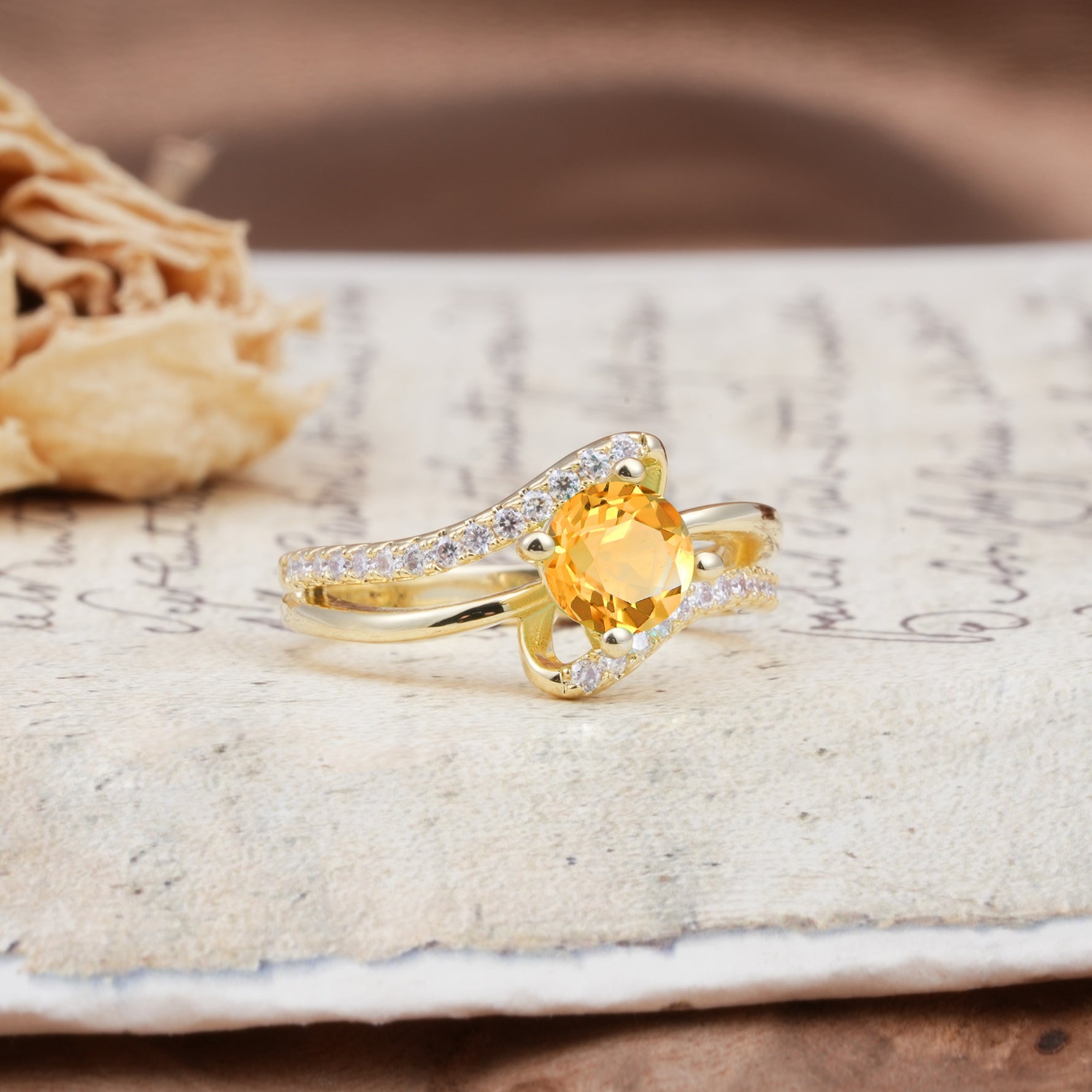 Uniquely Elegant, Twisting 4-Prong Round Cut Citrine Engagement Ring - Additional view