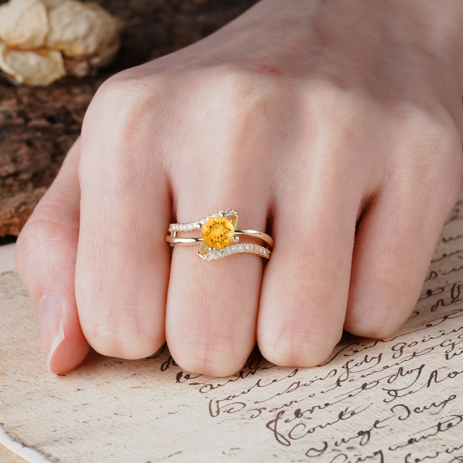 Uniquely Elegant, Twisting 4-Prong Round Cut Citrine Engagement Ring - Additional view