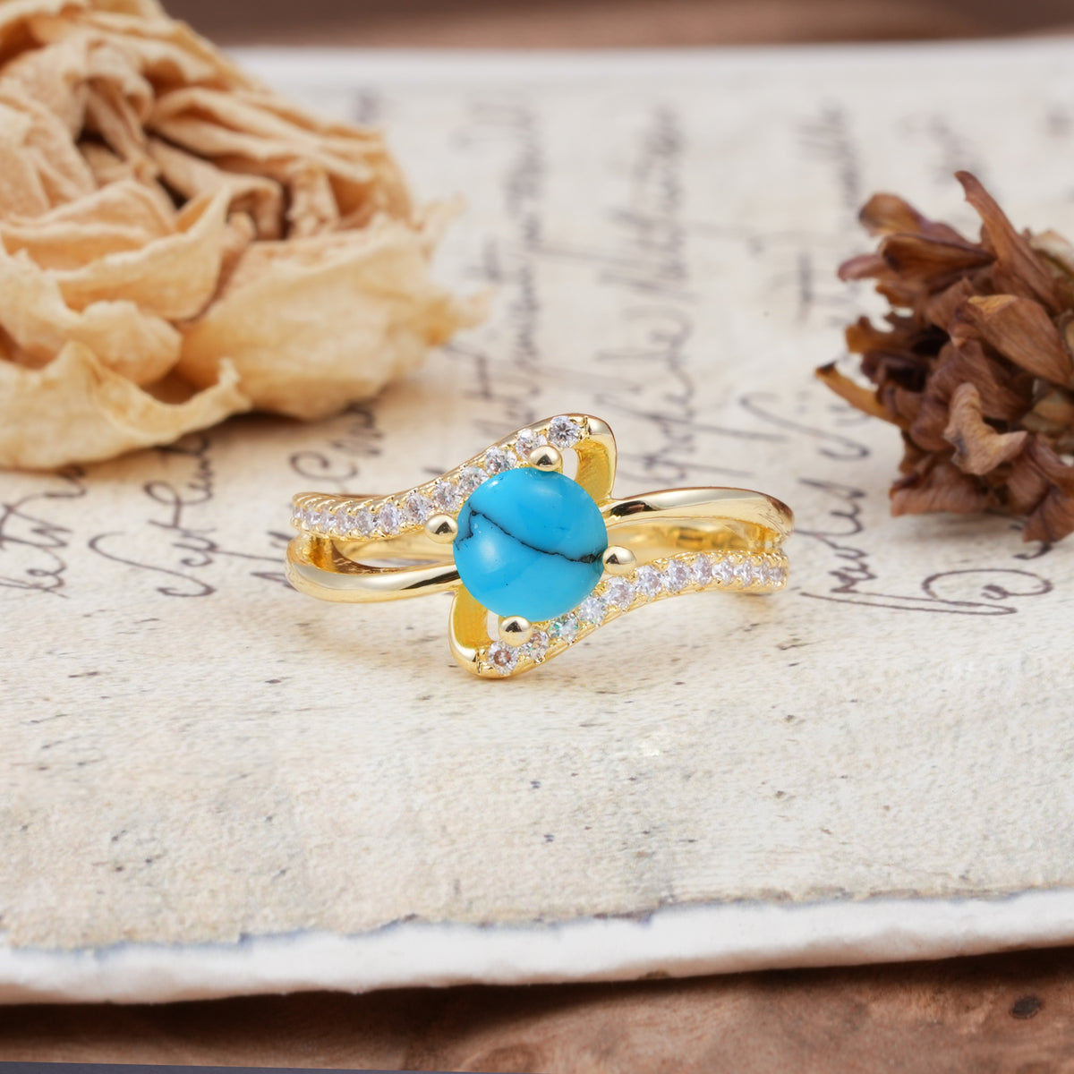 Uniquely Elegant, Twisting 4-Prong Round Cut Turquoise Engagement Ring - Additional view